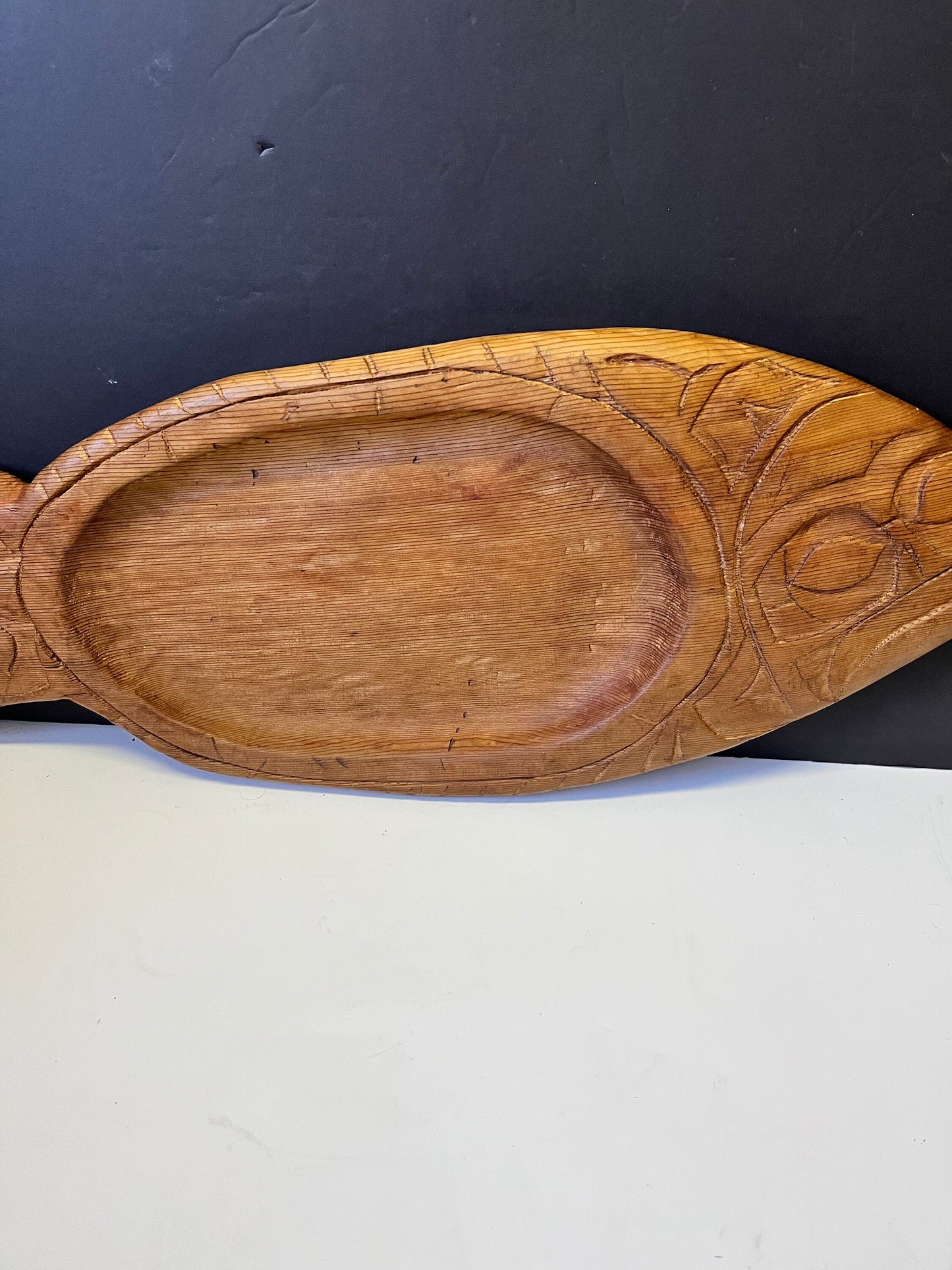 lovely indistinctly signed indigenous first Nations cedar feast bowl in the shape of a fish  Primitive but well carved  wow - 21 inches