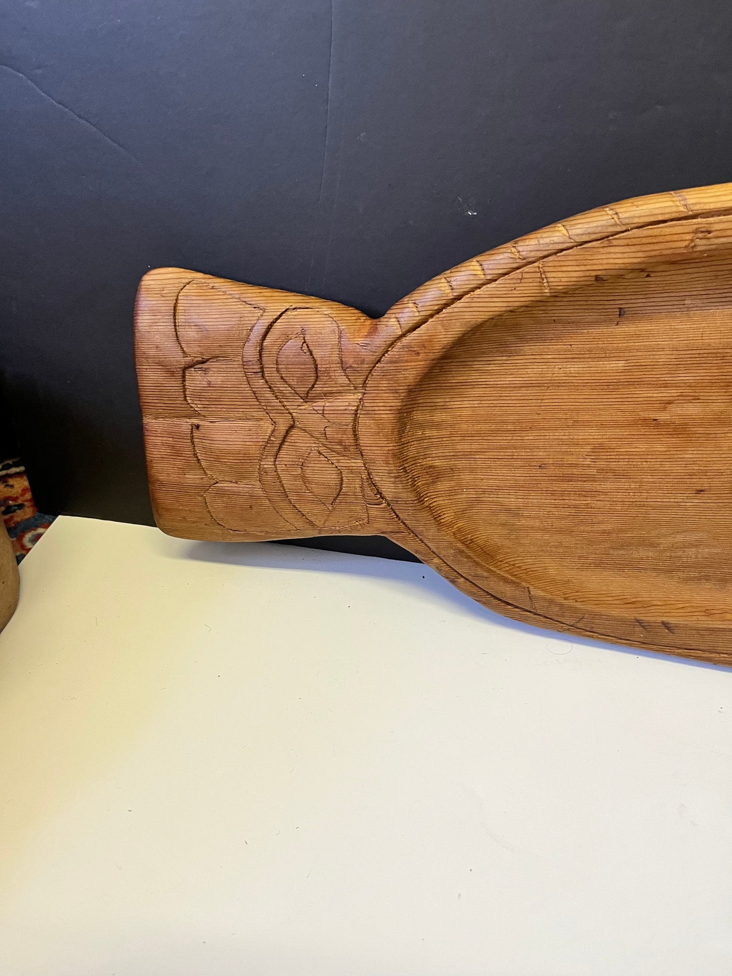 lovely indistinctly signed indigenous first Nations cedar feast bowl in the shape of a fish  Primitive but well carved  wow - 21 inches