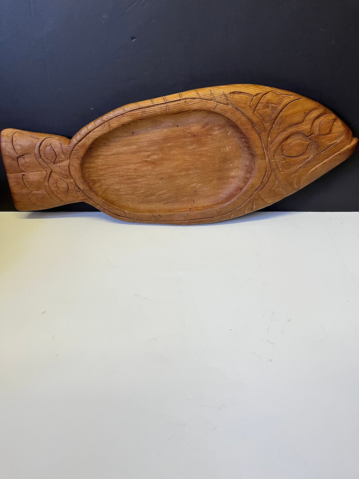 lovely indistinctly signed indigenous first Nations cedar feast bowl in the shape of a fish  Primitive but well carved  wow - 21 inches