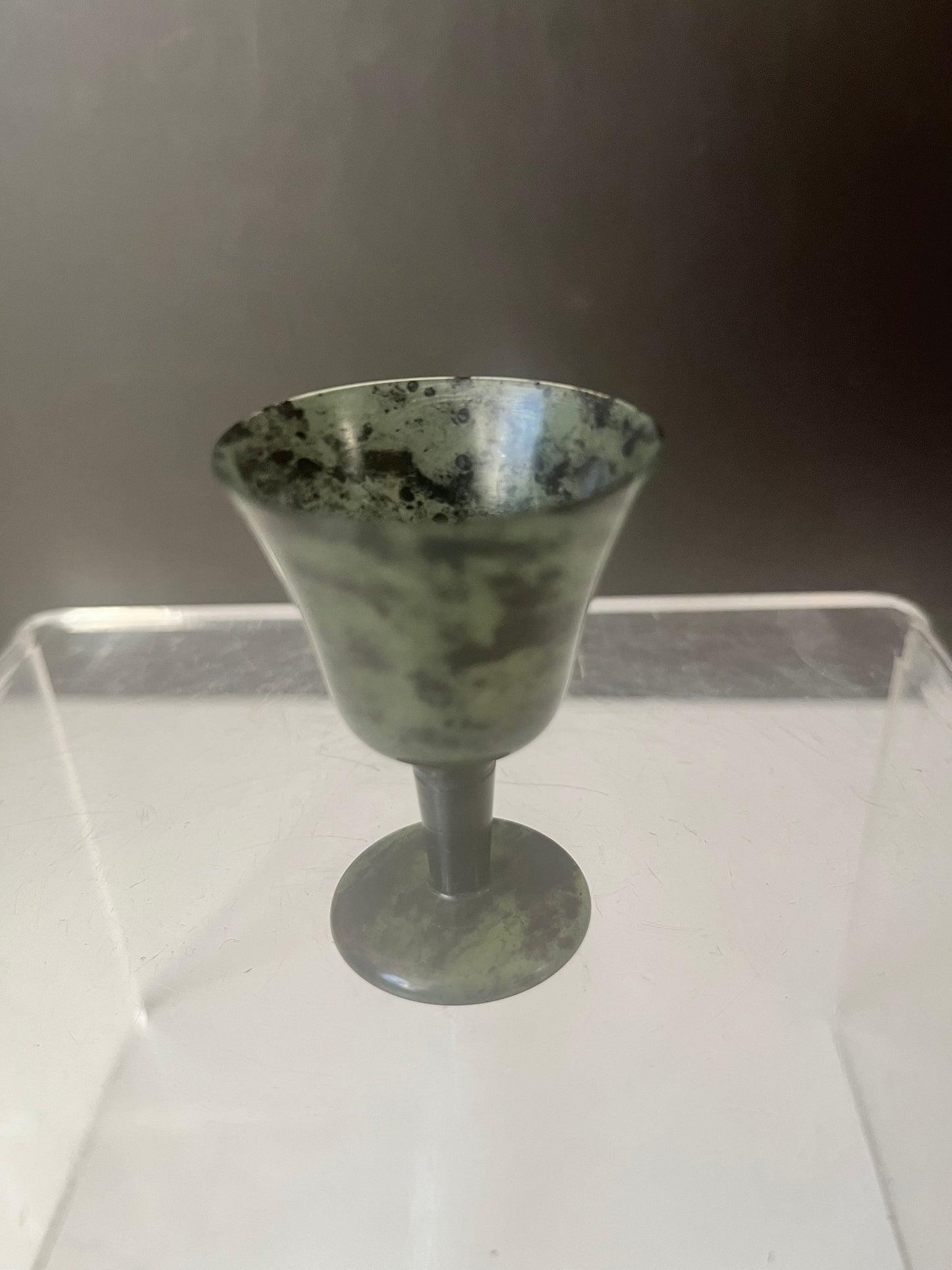 Absolutely wonderful 2 inch high Burmese Jade cup  great condition  small but powerful colour and delicate like a flower  super gift