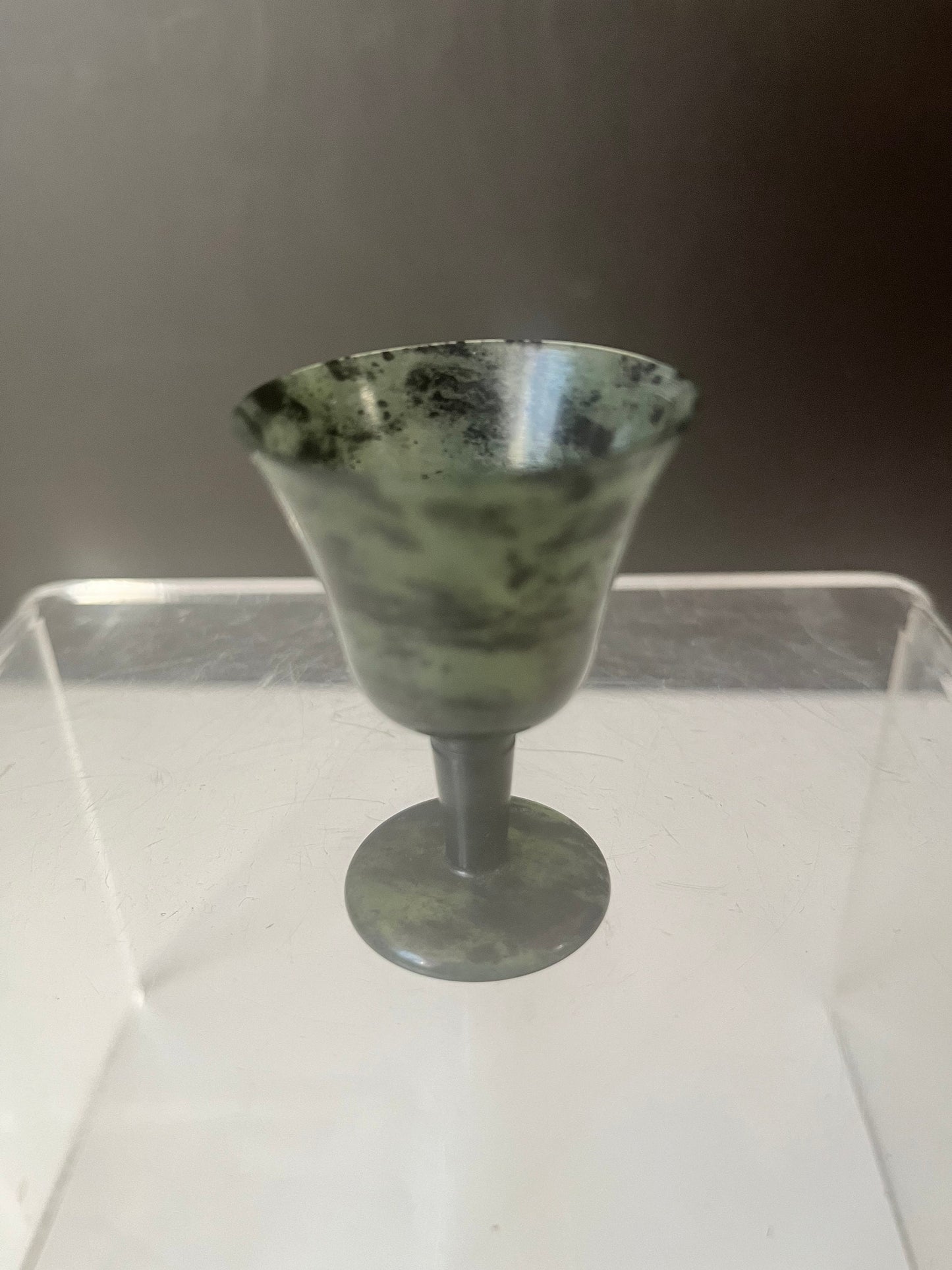 Absolutely wonderful 2 inch high Burmese Jade cup  great condition  small but powerful colour and delicate like a flower  super gift