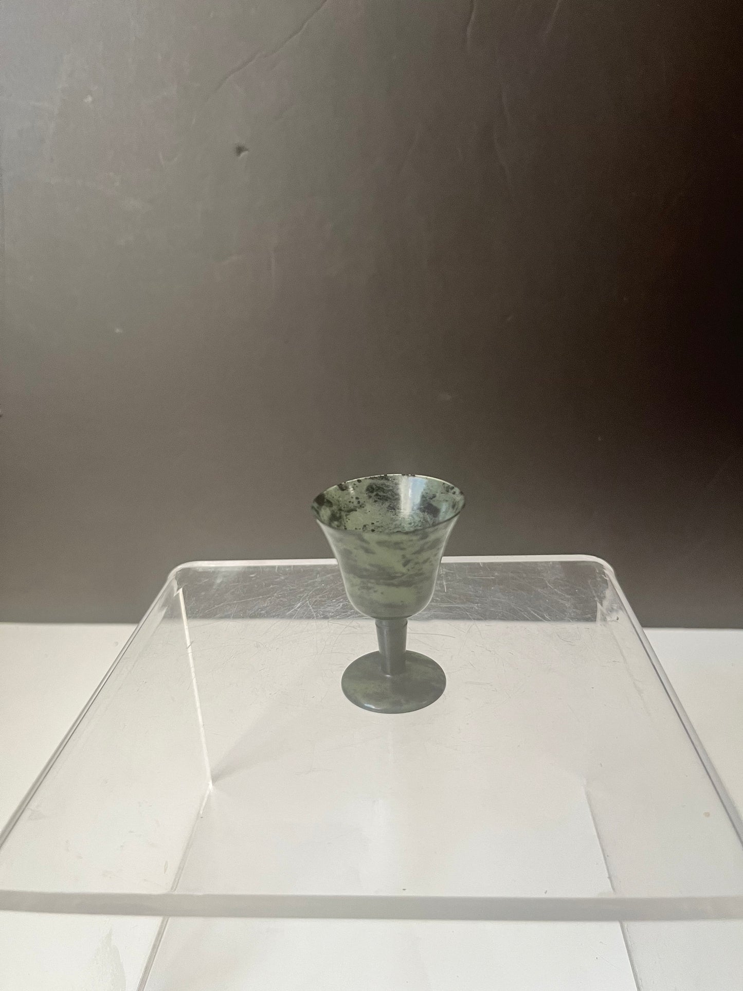 Absolutely wonderful 2 inch high Burmese Jade cup  great condition  small but powerful colour and delicate like a flower  super gift