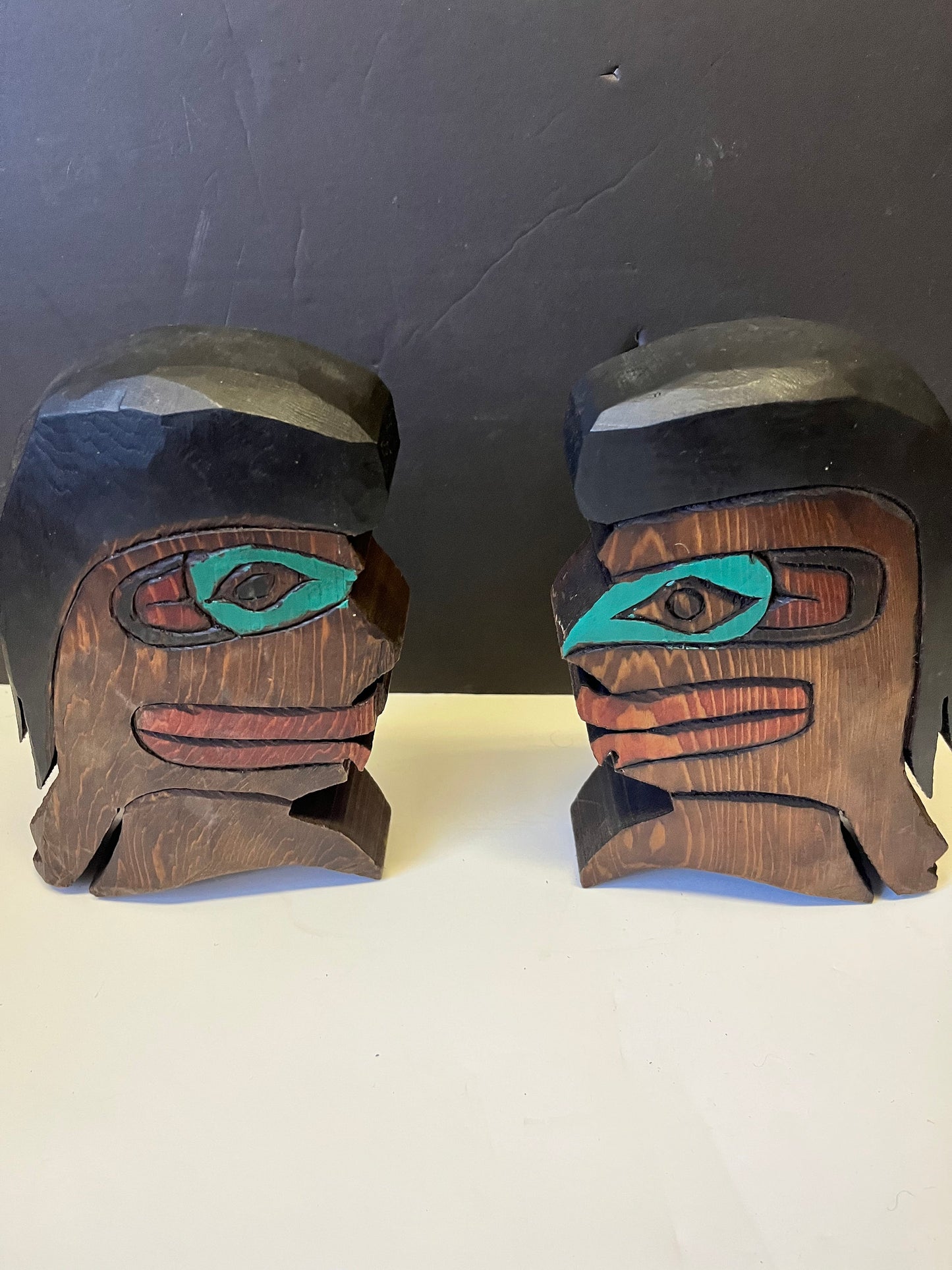 Pair Absolutely fabulous indigenous West Coast 7 x 5 x 2 deep carvings depicting Chiefs! - Indistinctly signed - can stand or need hanger!