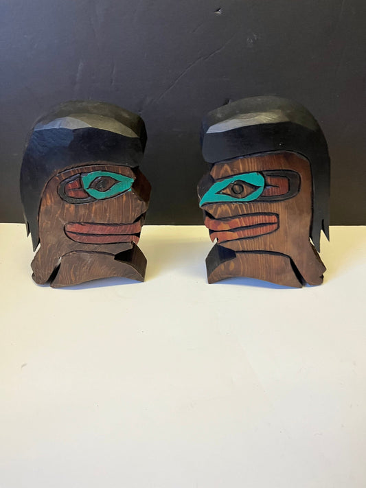 Pair Absolutely fabulous indigenous West Coast 7 x 5 x 2 deep carvings depicting Chiefs! - Indistinctly signed - can stand or need hanger!