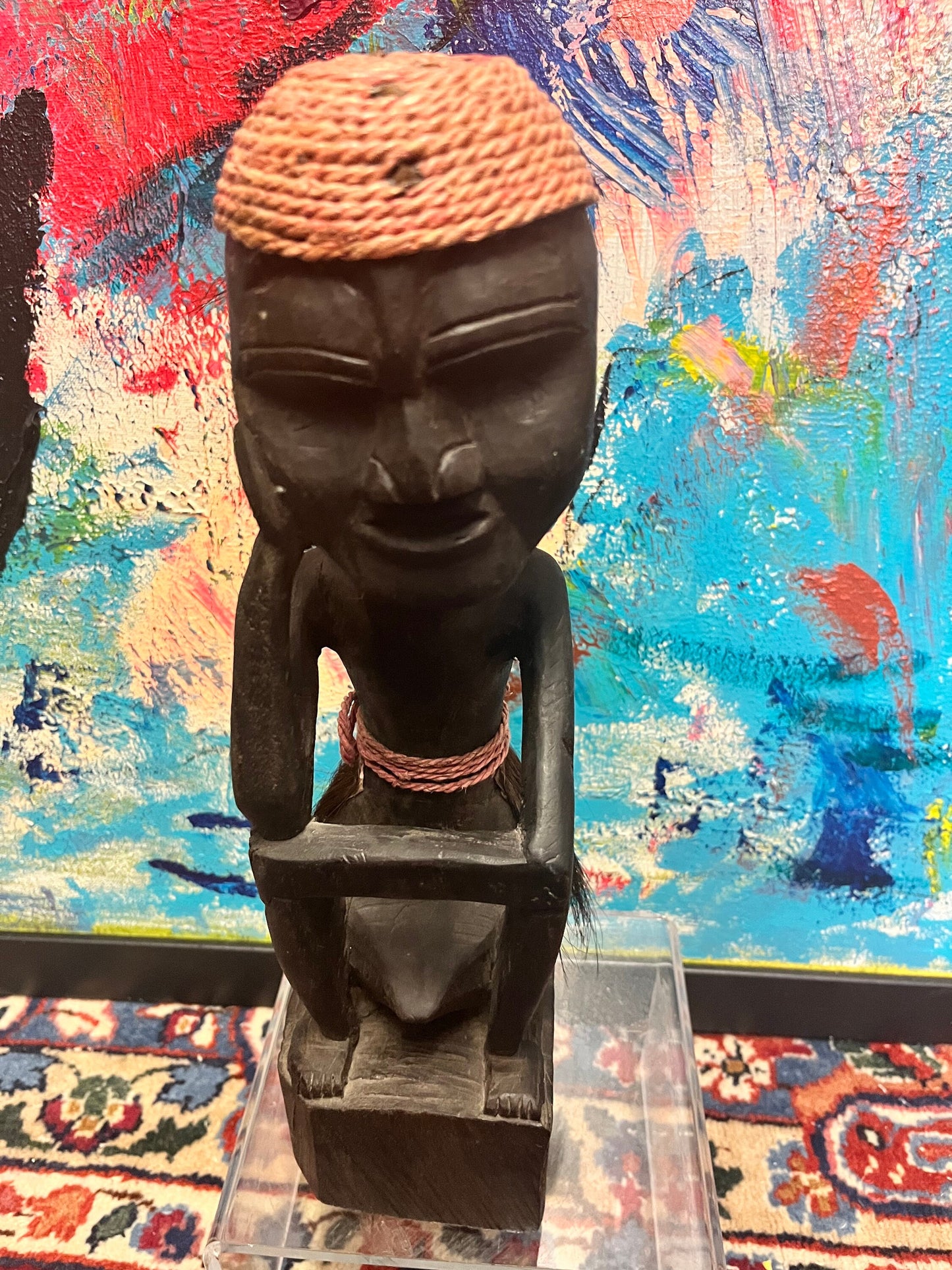 Fascinating 13 inch tall antique African statue seated in the stinking position  Astounding detail and quality - African historical piece