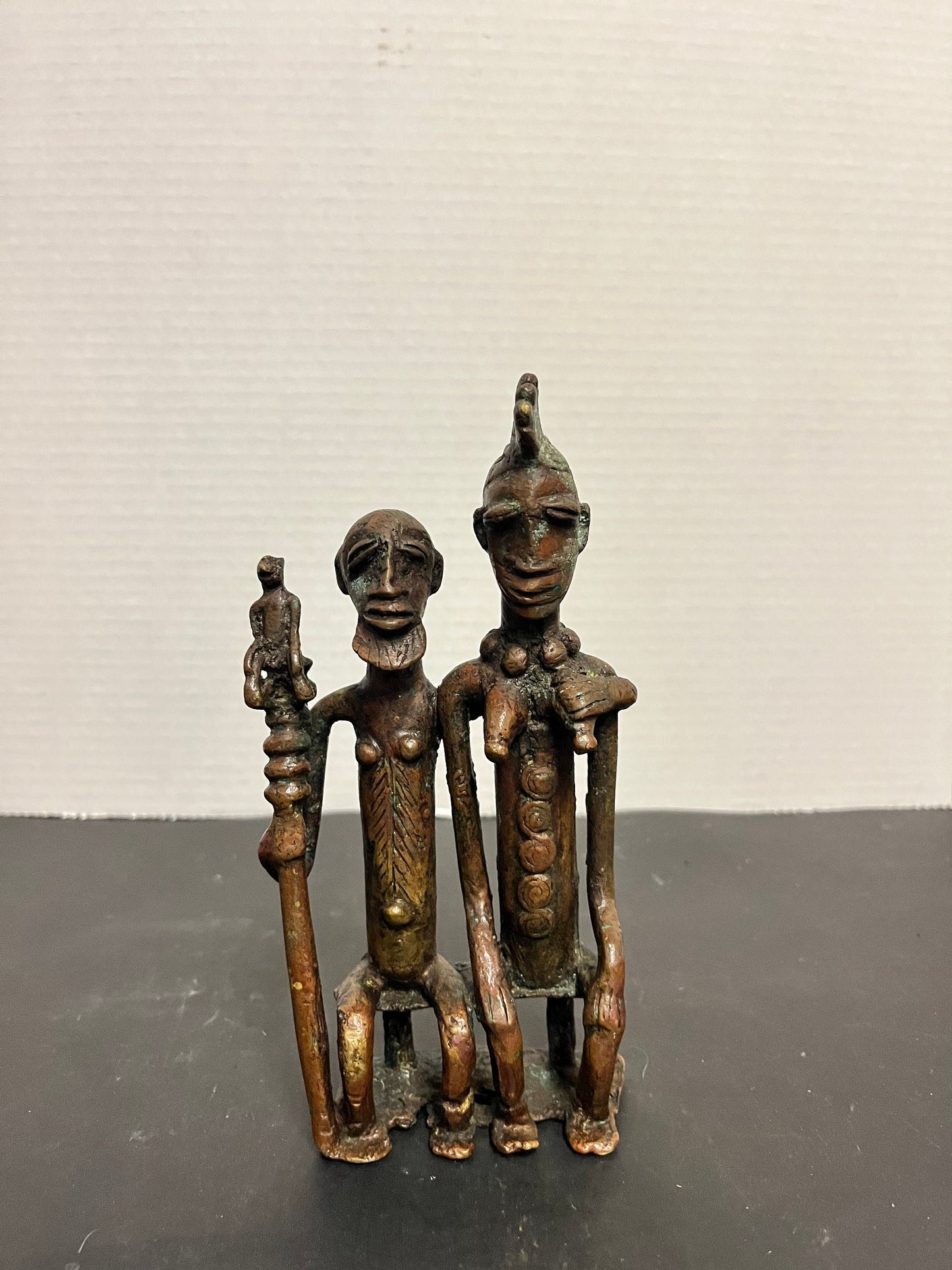 Fantastic 7 x 3 authentic antique museum quality African Dogan bronze ceremonial statue  Stunning patina and one of a kind African piece