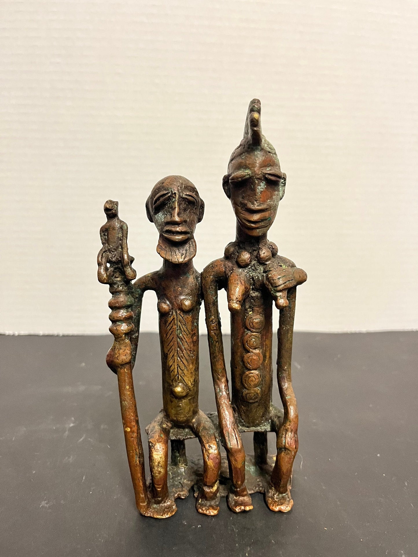 Fantastic 7 x 3 authentic antique museum quality African Dogan bronze ceremonial statue  Stunning patina and one of a kind African piece