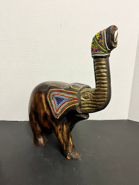 Amazing 11 x 11 hardwood bead brass and shell Kenyan  elephant  Wonderful carving and presence  nice detail  African art beauty