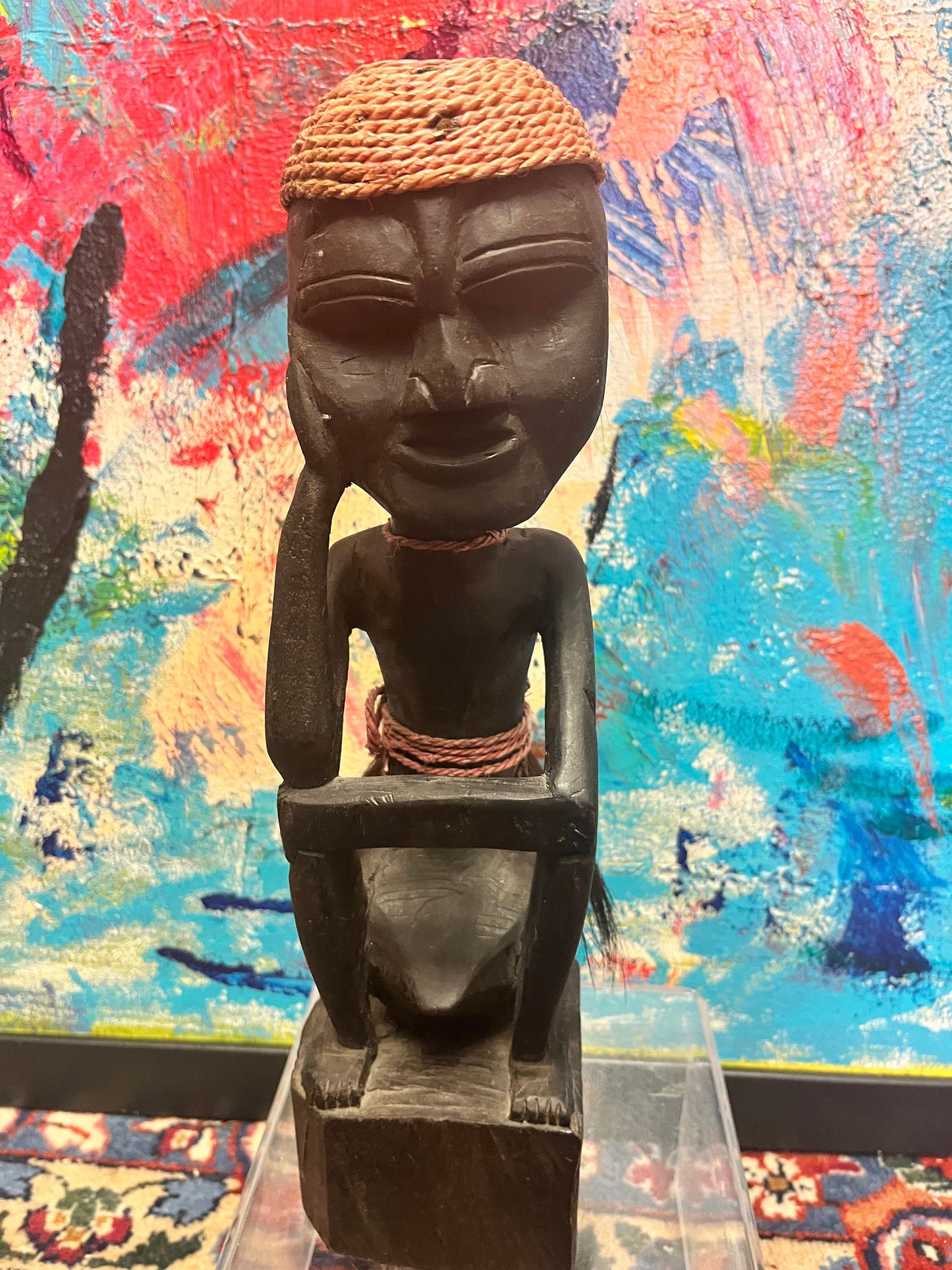 Fascinating 13 inch tall antique African statue seated in the stinking position  Astounding detail and quality - African historical piece