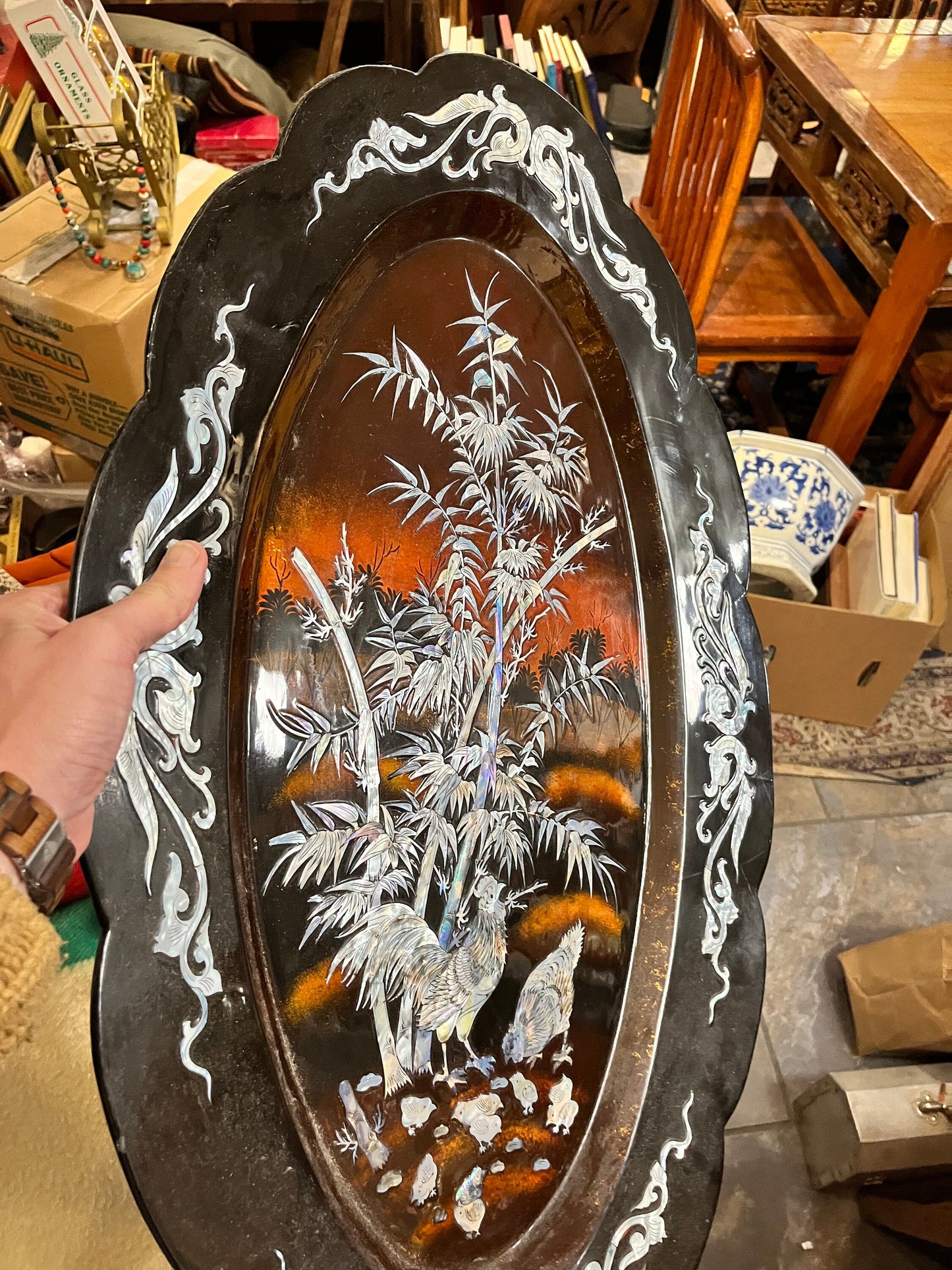 Huge fabulous Chinese 30 x 19 inch Lacquer with mother-of-pearl heavily decorated  ready to hang  perfect  Asian cocks  wow wow