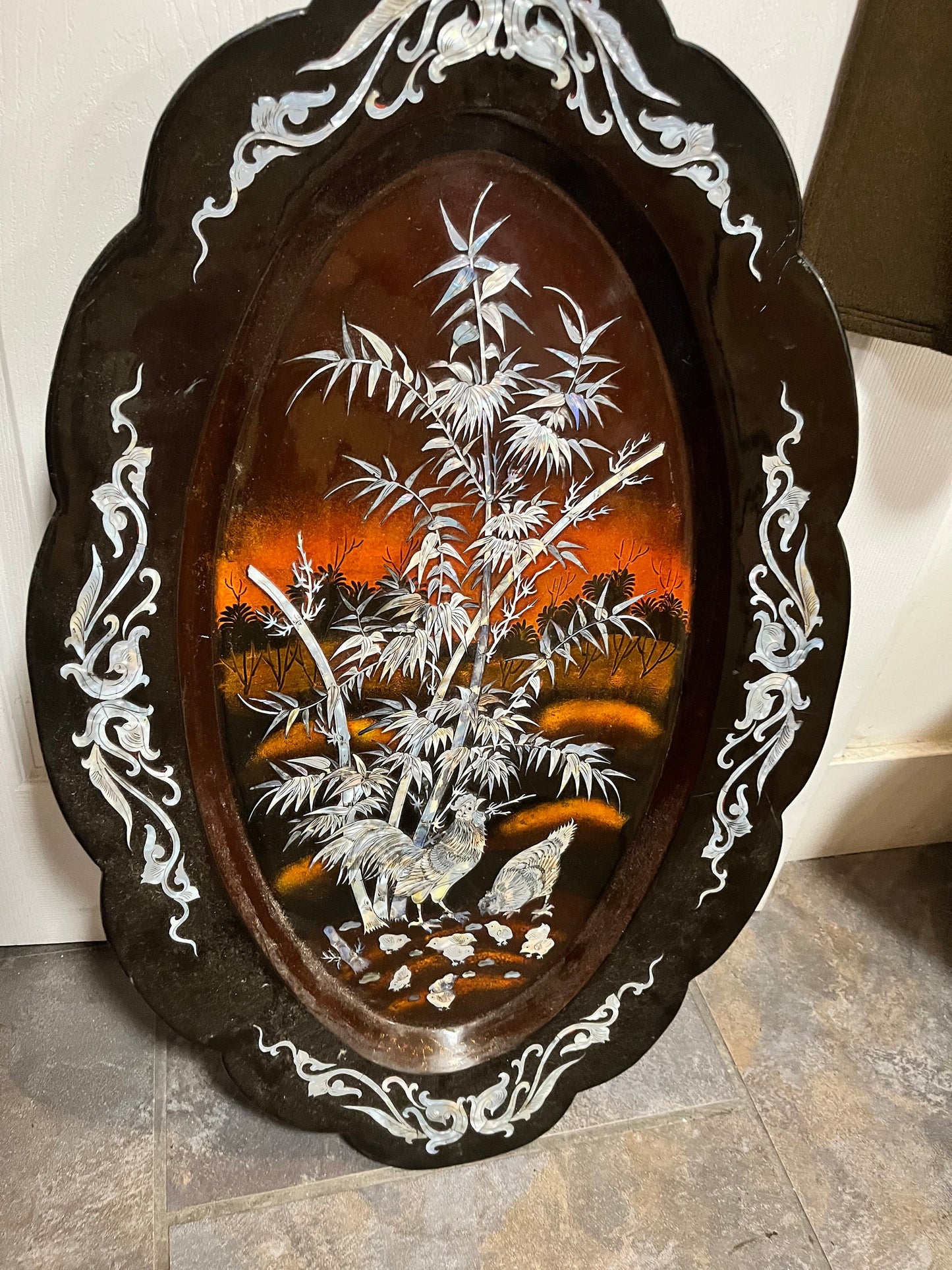 Huge fabulous Chinese 30 x 19 inch Lacquer with mother-of-pearl heavily decorated  ready to hang  perfect  Asian cocks  wow wow