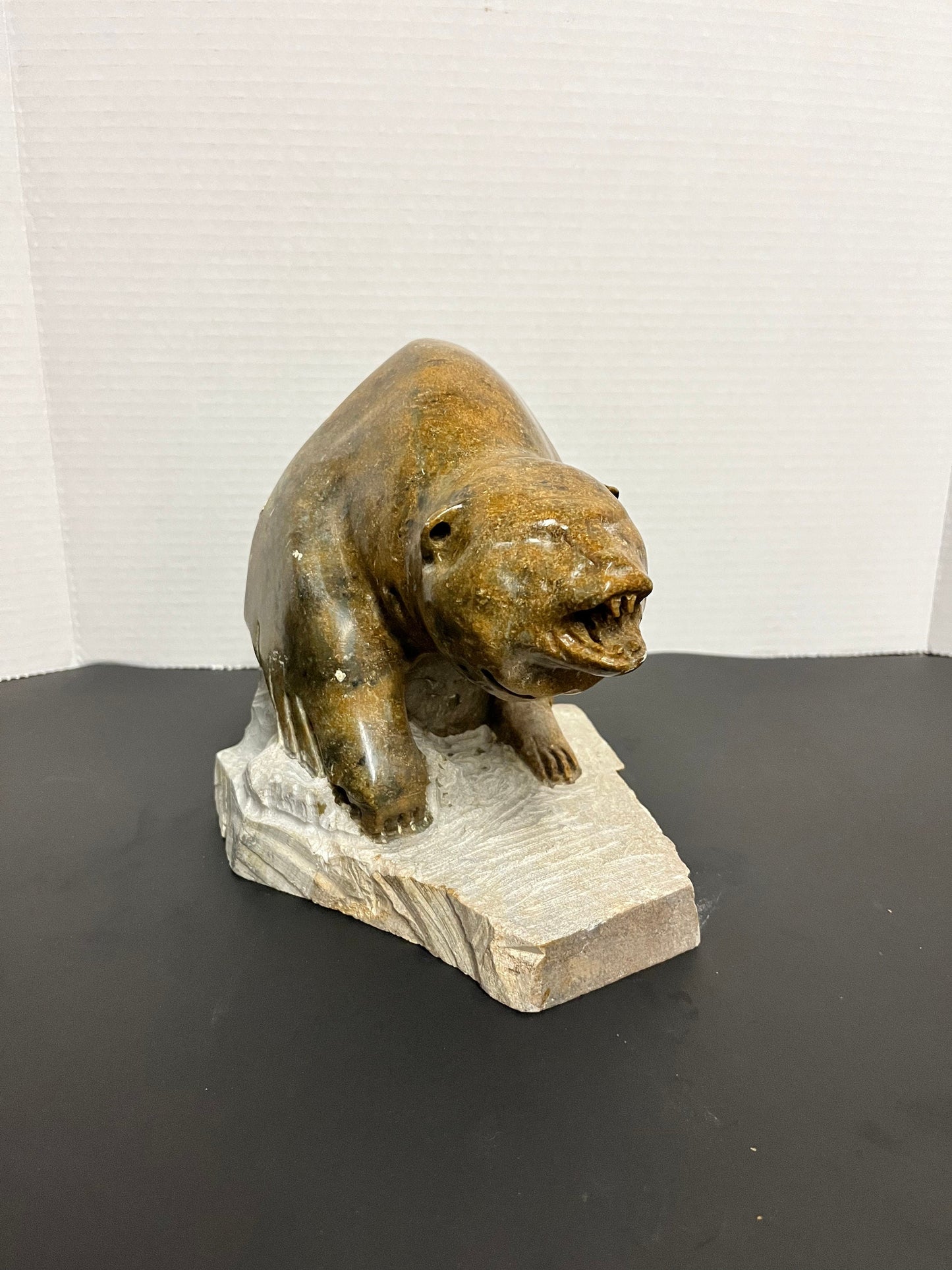 Huge Inuit soapstone bear Vintage  stunning well carved Inuit soapstone attacking bear on Stone plynth  remarkable detail and quality!