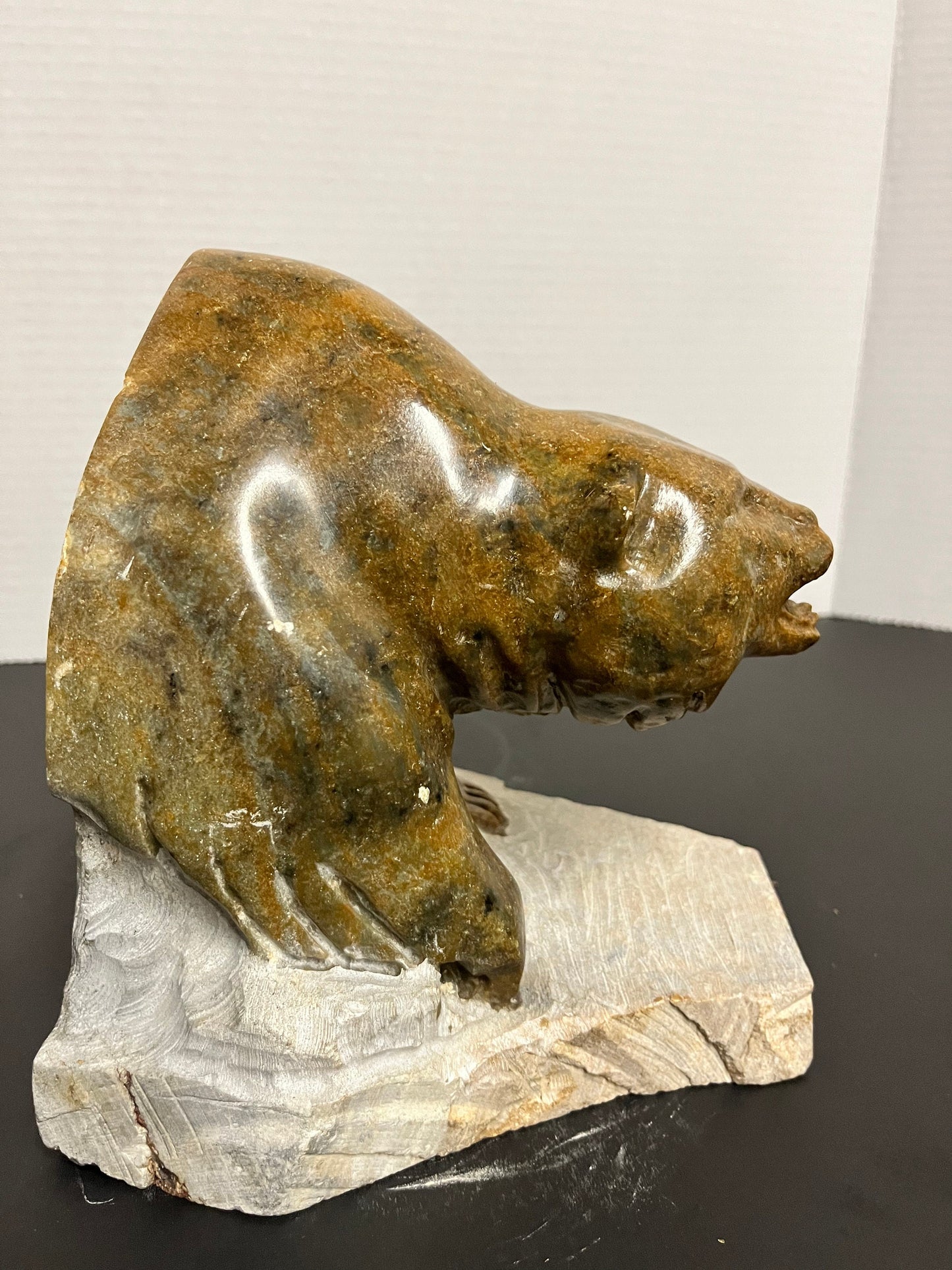 Huge Inuit soapstone bear Vintage  stunning well carved Inuit soapstone attacking bear on Stone plynth  remarkable detail and quality!