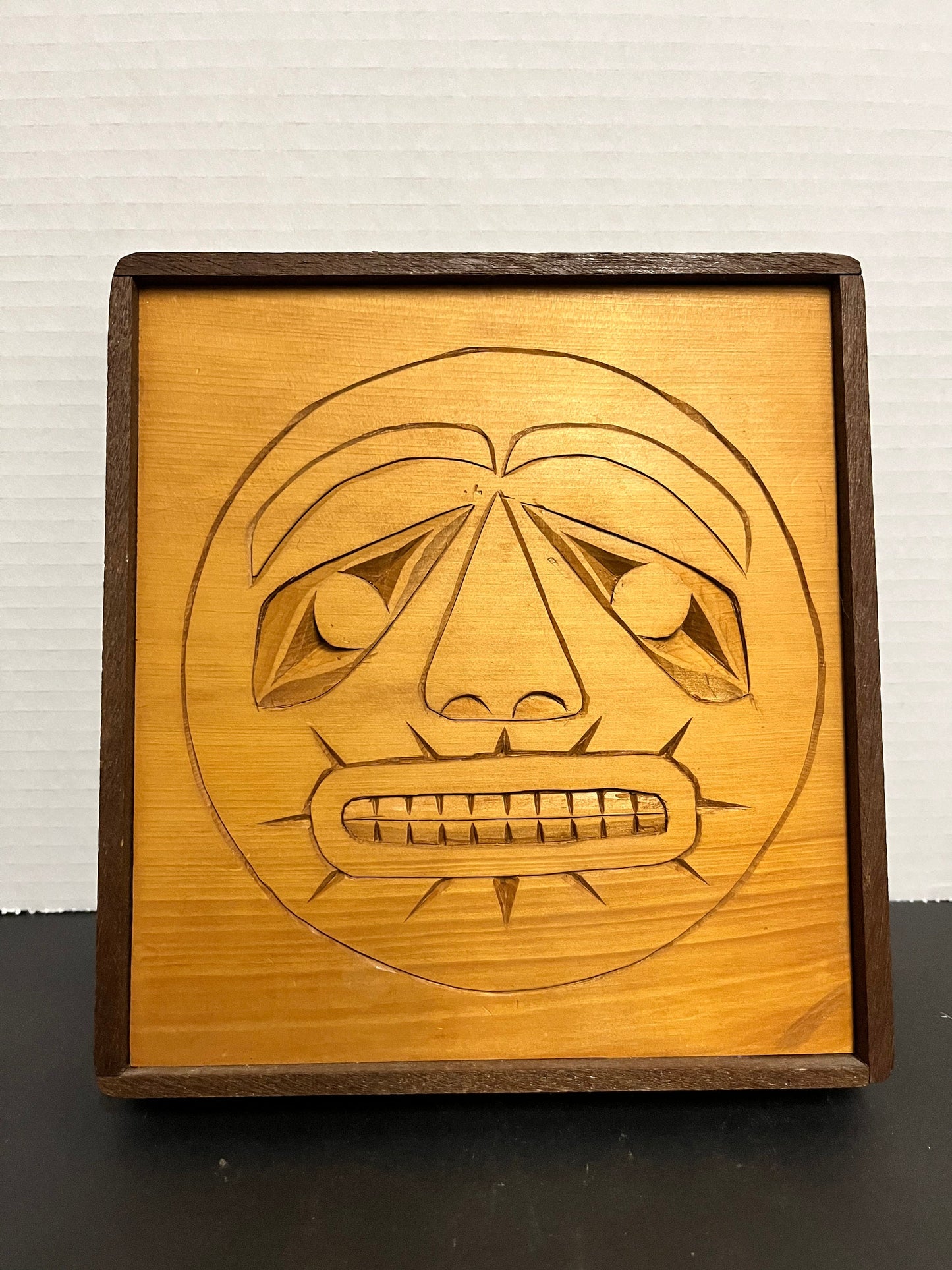 Fabulous 8 x 8 x 1 deep indigenous first nations pacific northwest coast unsigned see the sun mask plaque in frame  sexy gift  wow