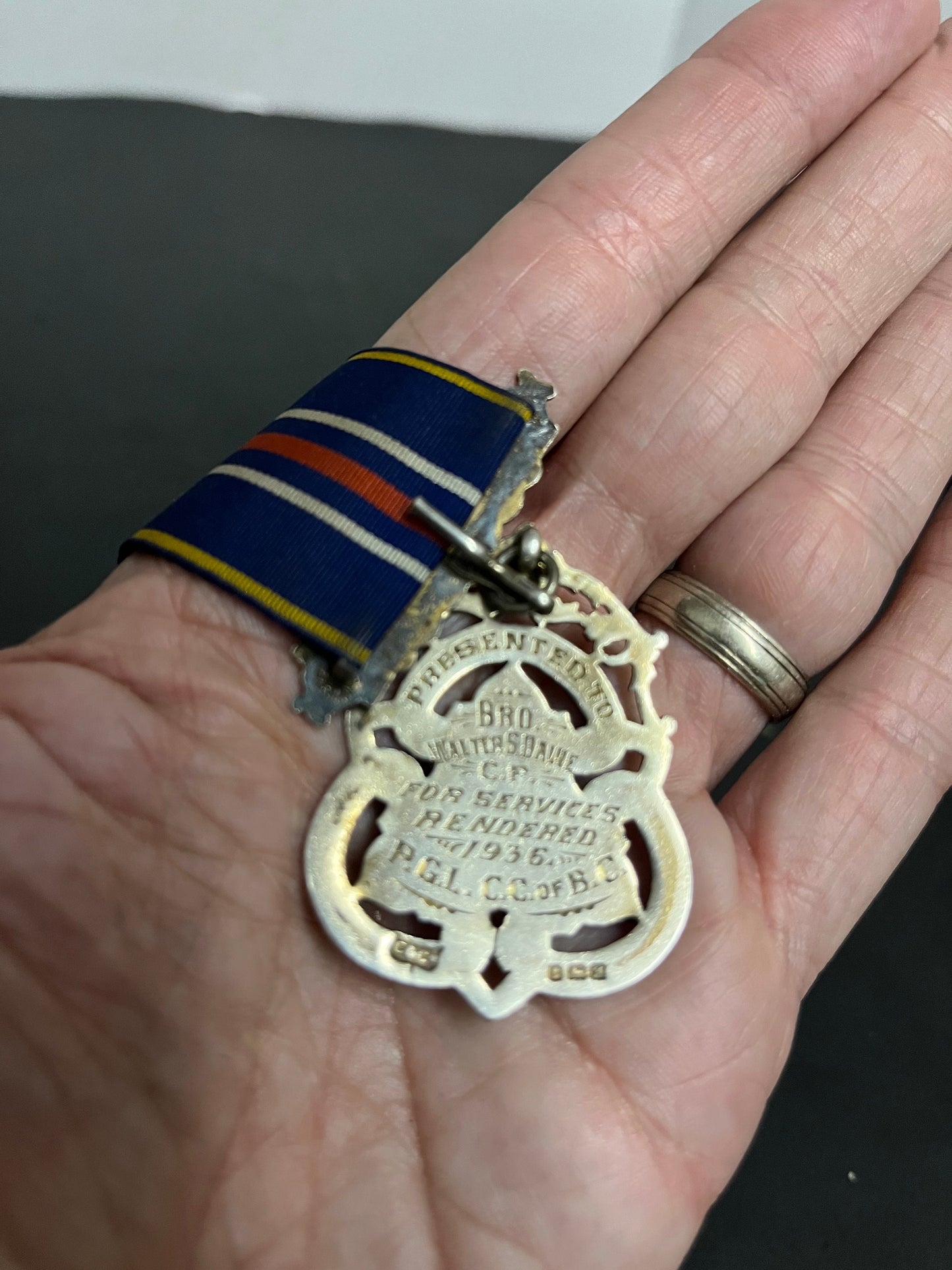 Absolutely fabulous rare 5 inch long English sterling and enamel antique 1936 British Columbia masons Masonic president medal  wow