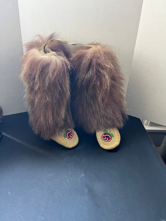 13 inches tall and 9 inch foot  approximately size 9 womens fabulous antique indigenous West Coast first nations handmade moccasins