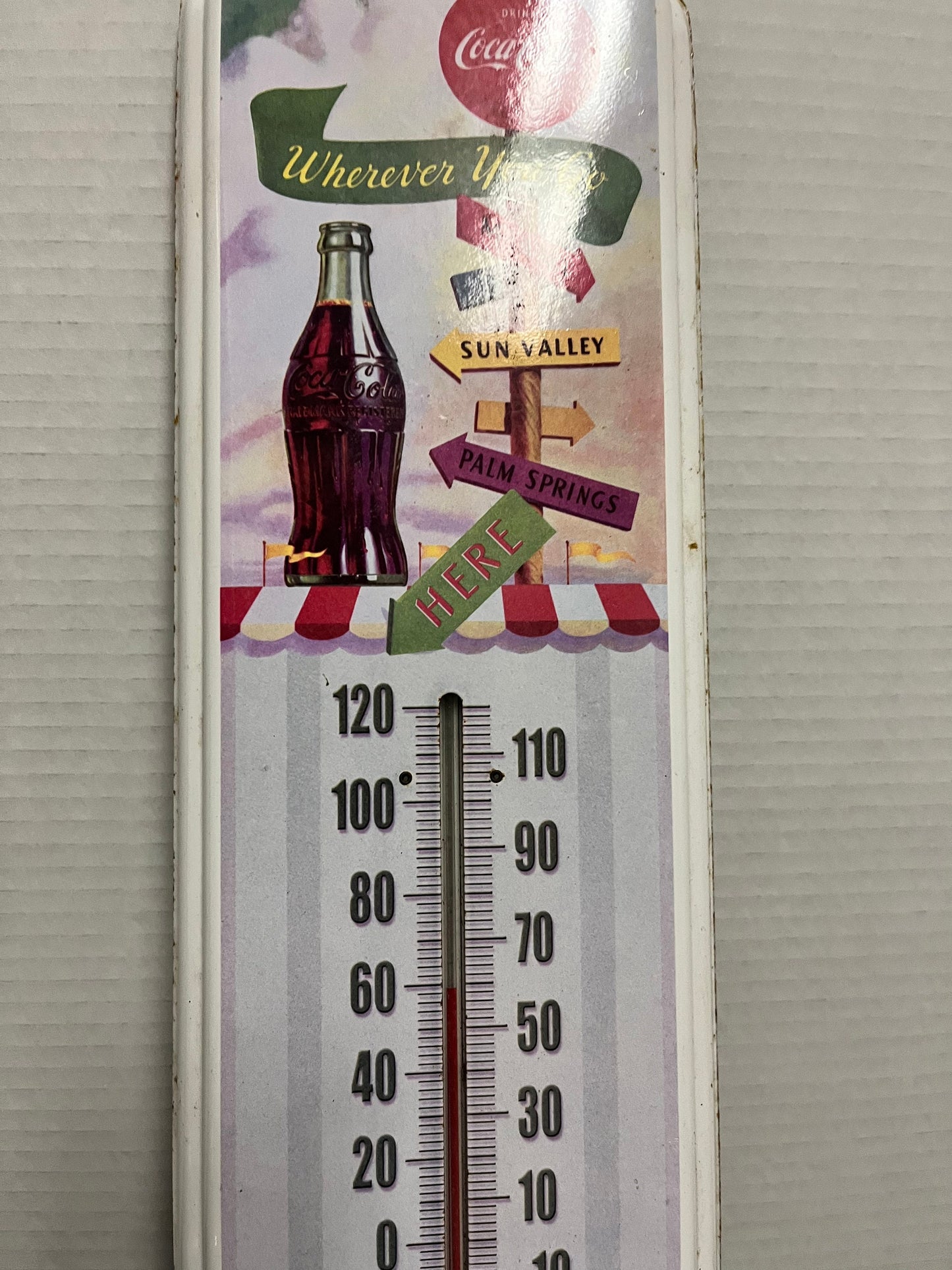 Authentic vintage 17 x 5 ridiculously amazing Coca-Cola enamel sign with thermometer