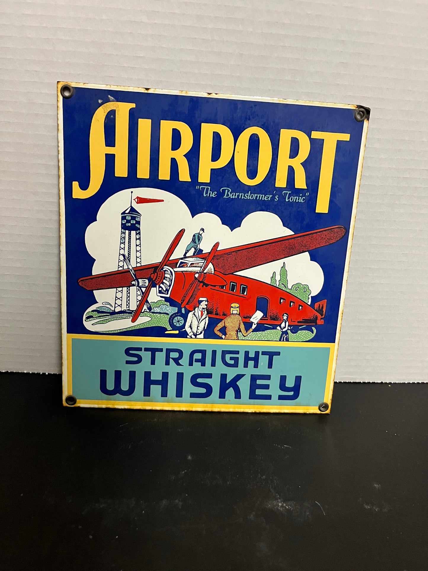 Authentic 8 1/2 x 9 1/2 tall airport straight whiskey Almost perfect condition one of a kind enamel sign