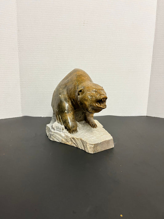 Huge Inuit soapstone bear Vintage  stunning well carved Inuit soapstone attacking bear on Stone plynth  remarkable detail and quality!