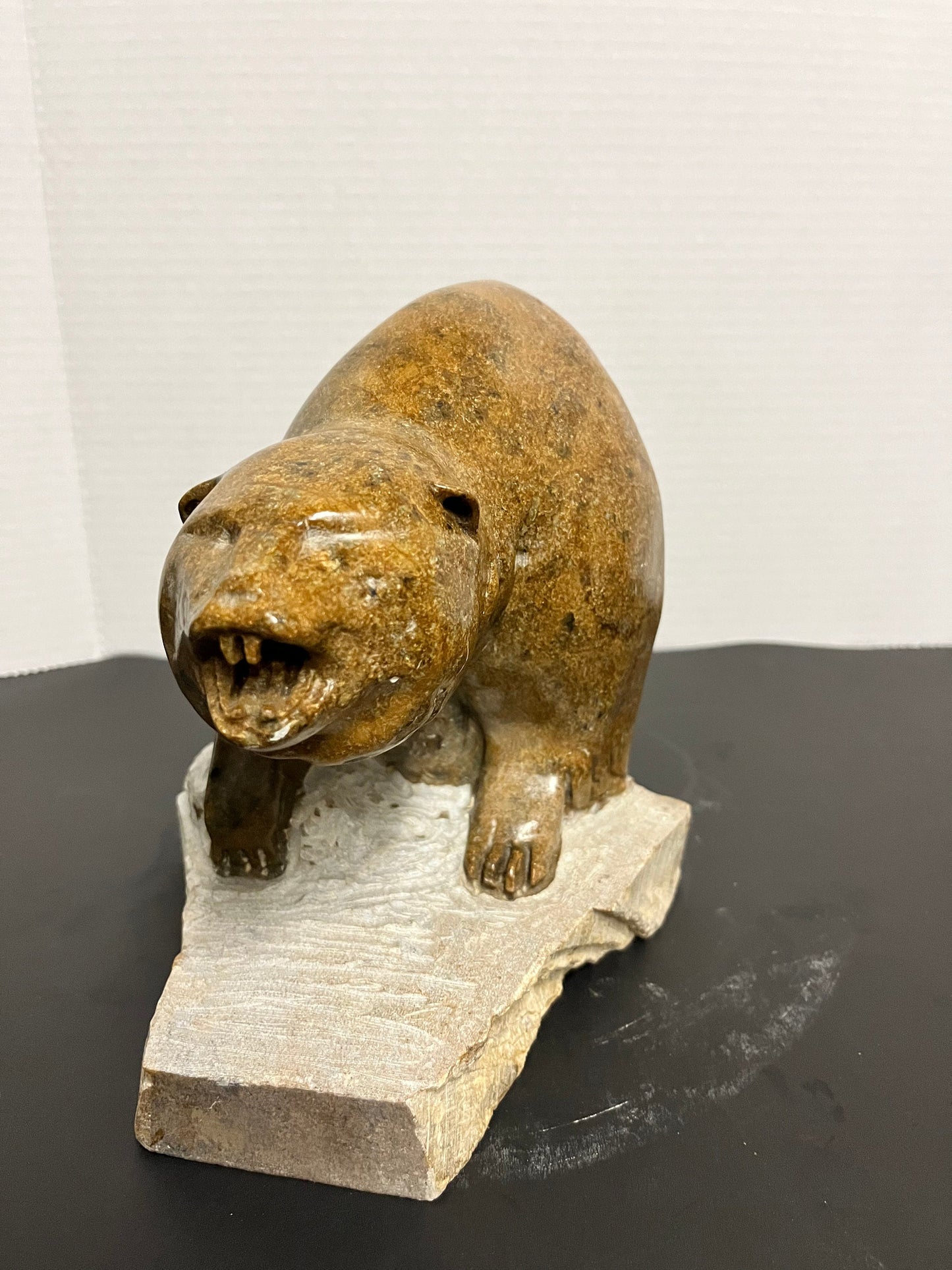 Huge Inuit soapstone bear Vintage  stunning well carved Inuit soapstone attacking bear on Stone plynth  remarkable detail and quality!