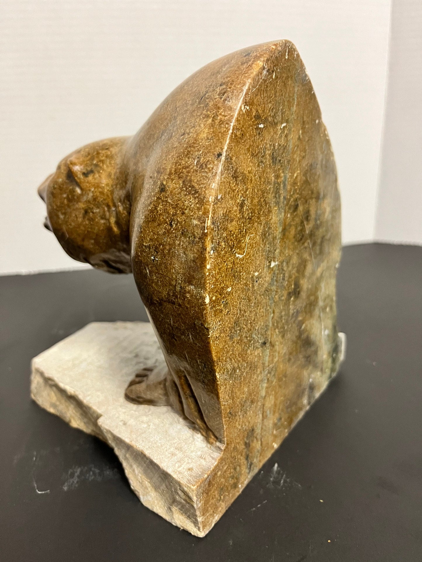 Huge Inuit soapstone bear Vintage  stunning well carved Inuit soapstone attacking bear on Stone plynth  remarkable detail and quality!