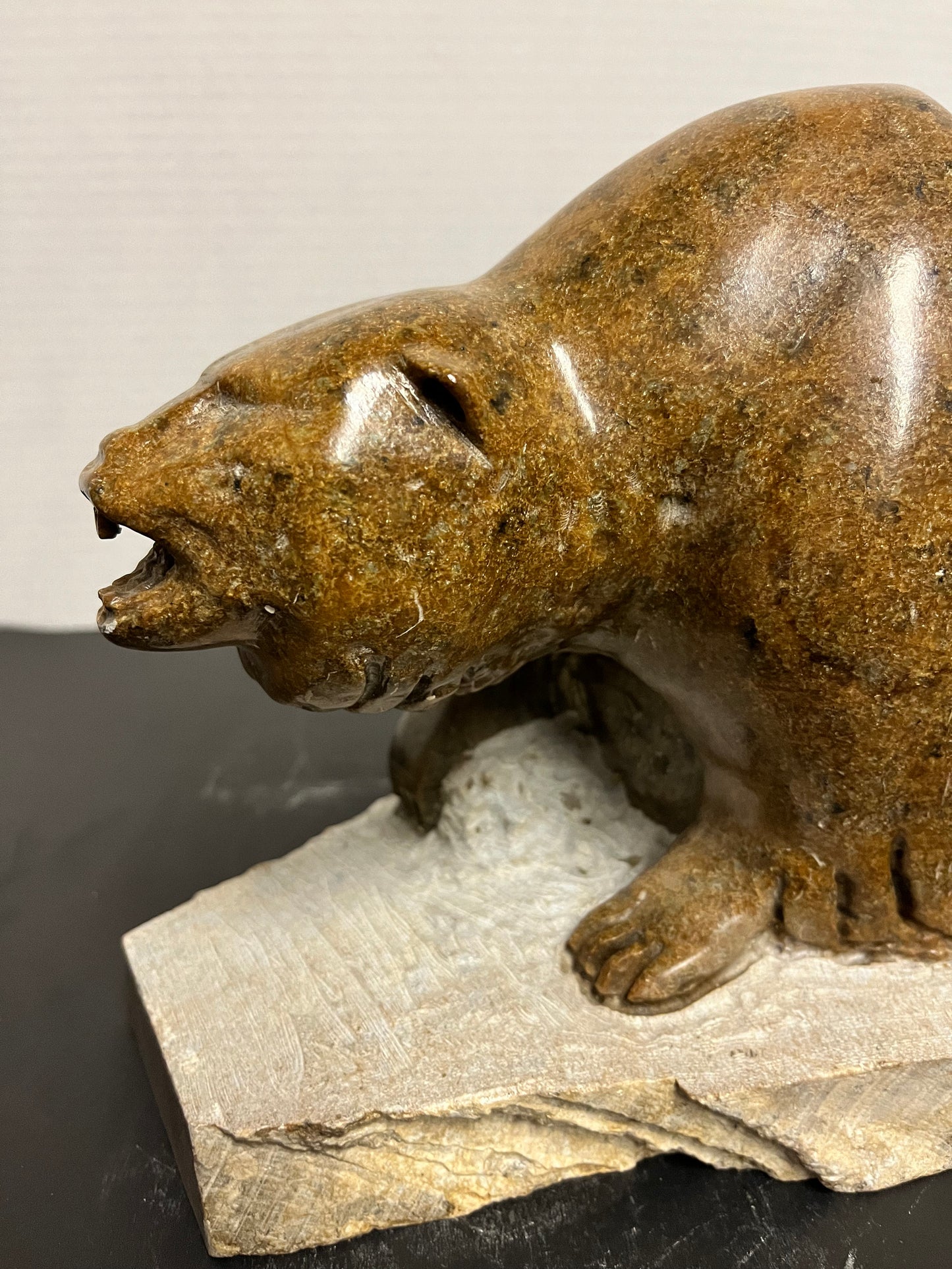 Huge Inuit soapstone bear Vintage  stunning well carved Inuit soapstone attacking bear on Stone plynth  remarkable detail and quality!