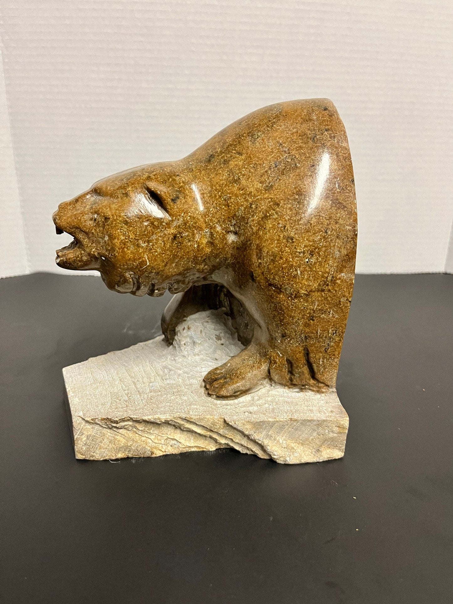 Huge Inuit soapstone bear Vintage  stunning well carved Inuit soapstone attacking bear on Stone plynth  remarkable detail and quality!