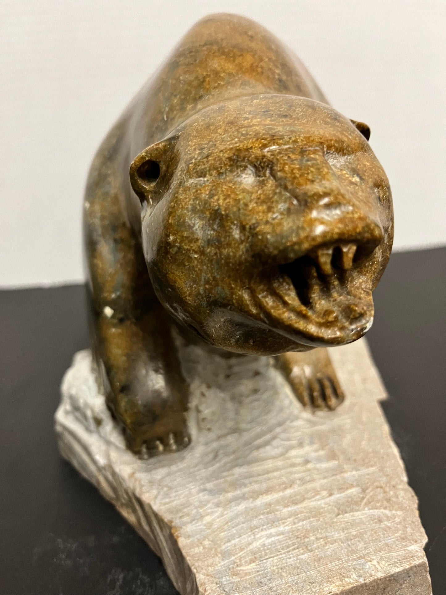 Huge Inuit soapstone bear Vintage  stunning well carved Inuit soapstone attacking bear on Stone plynth  remarkable detail and quality!