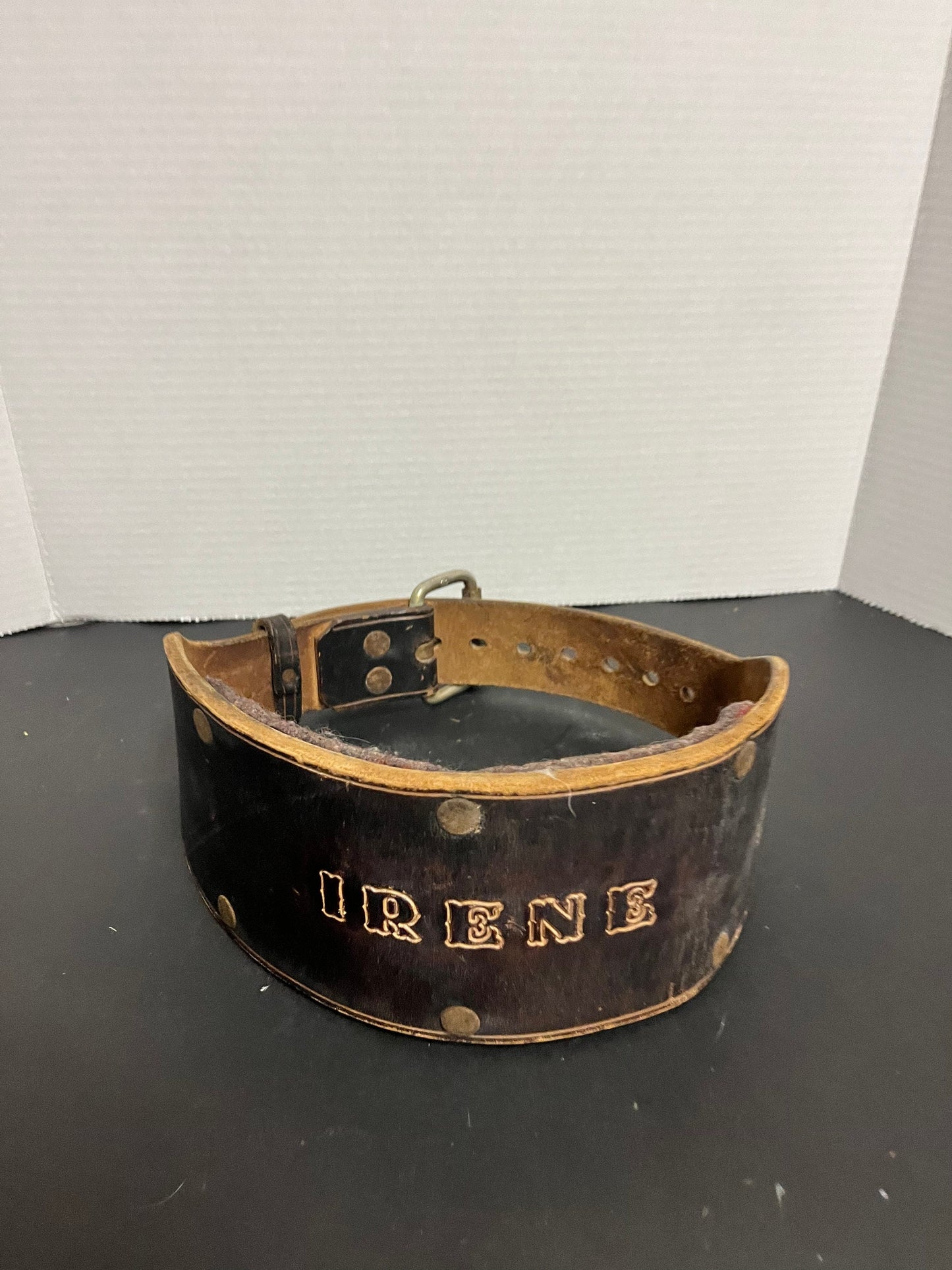 35 inch museum quality antique, amazing Vancouver bodybuilding womens leather belt with Irenes name embossed  upon it  super gift