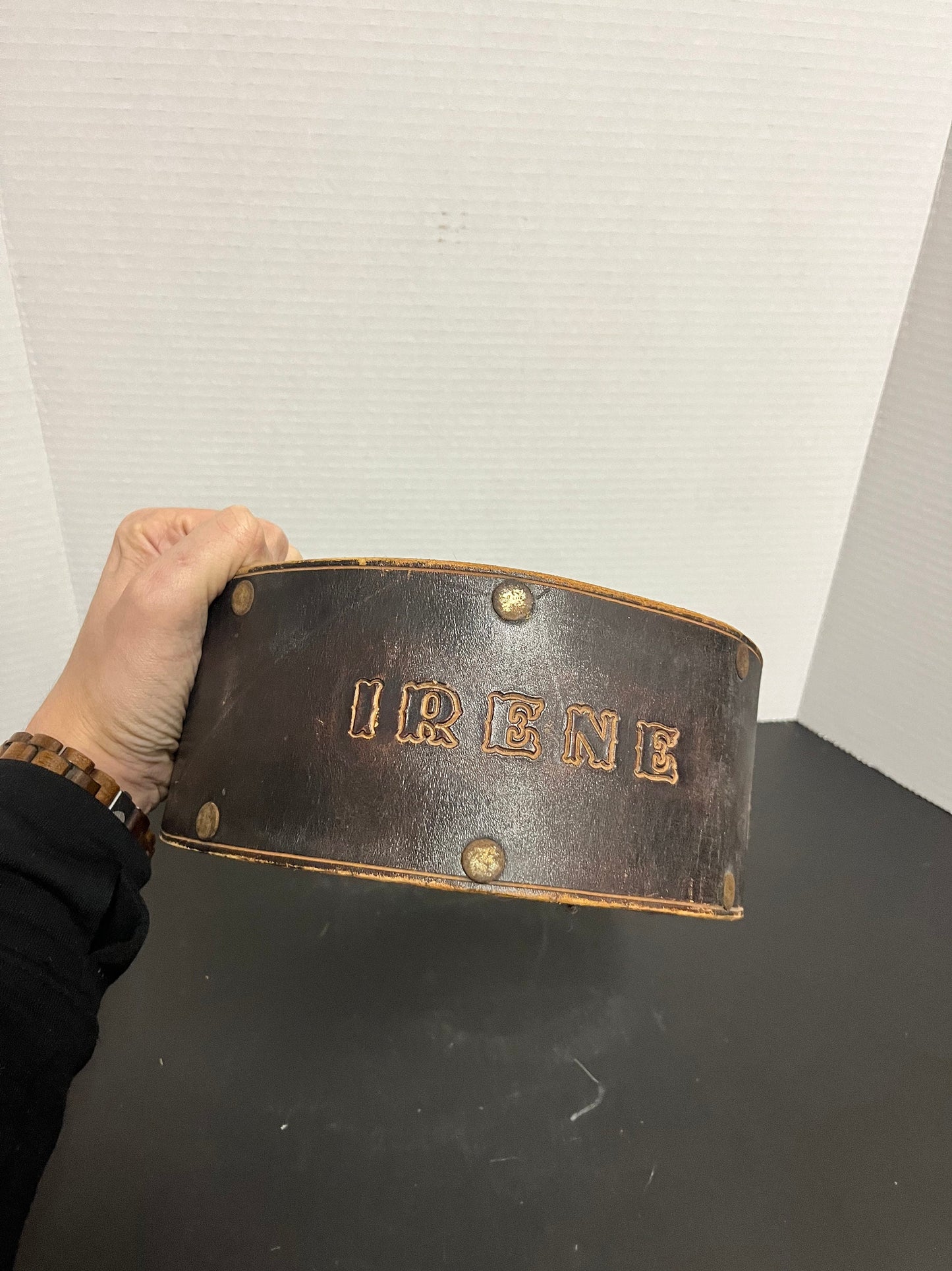 35 inch museum quality antique, amazing Vancouver bodybuilding womens leather belt with Irenes name embossed  upon it  super gift