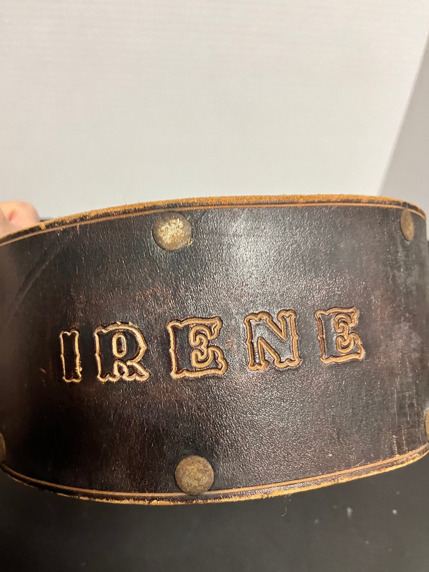 35 inch museum quality antique, amazing Vancouver bodybuilding womens leather belt with Irenes name embossed  upon it  super gift