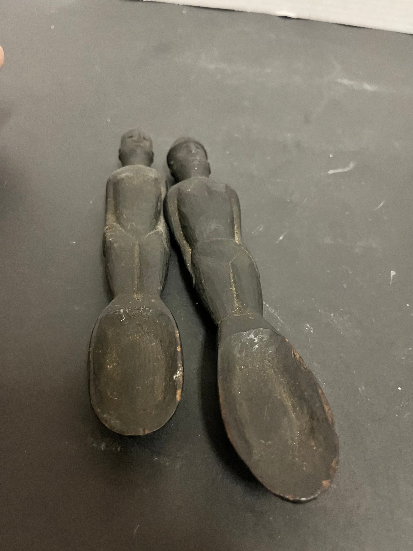 Museum quality African, most likely Ethiopian antique, authentic ceremonial would spoons, depicting, man and woman - 7 and 8 inches long