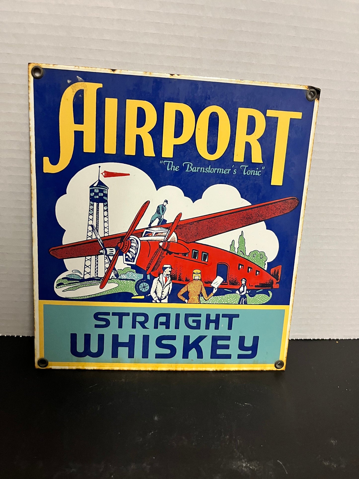 Authentic 8 1/2 x 9 1/2 tall airport straight whiskey Almost perfect condition one of a kind enamel sign