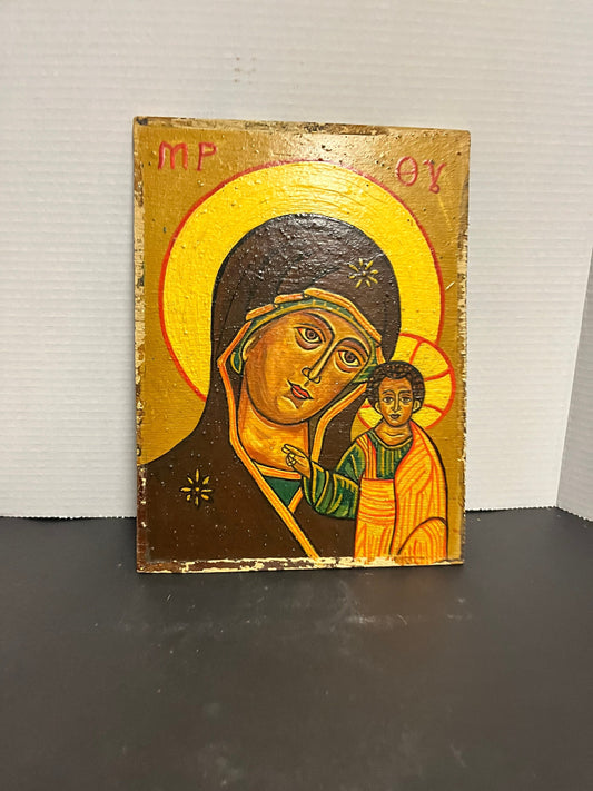 12 x 9 signed stunning mid century, hand-painted orthodox icon on wood  rare and so cool  amazing gift