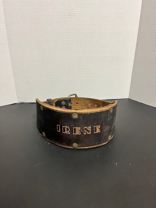 35 inch museum quality antique, amazing Vancouver bodybuilding womens leather belt with Irenes name embossed  upon it  super gift