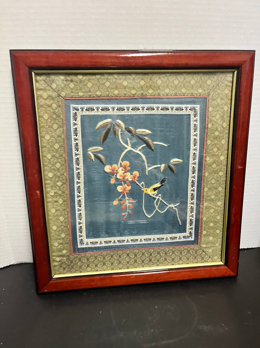 13 x 12 fabulous antique Chinese silk embroidery in wonderful Rosewood frame  depicting birds, and flowers  quality  19th century - wow