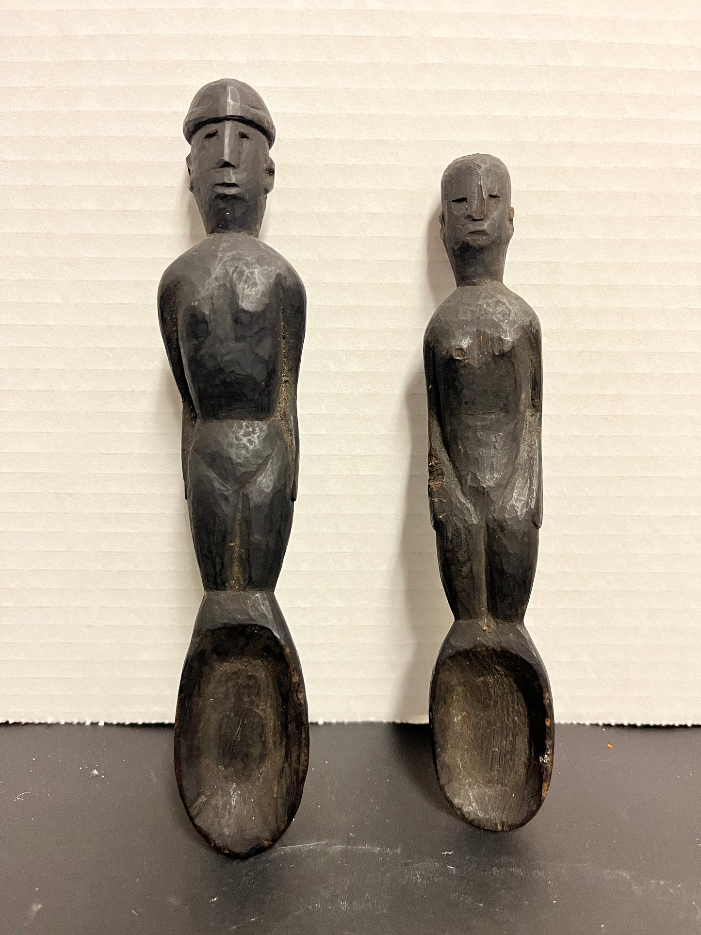 Museum quality African, most likely Ethiopian antique, authentic ceremonial would spoons, depicting, man and woman - 7 and 8 inches long