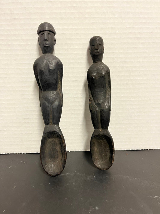 Museum quality African, most likely Ethiopian antique, authentic ceremonial would spoons, depicting, man and woman - 7 and 8 inches long