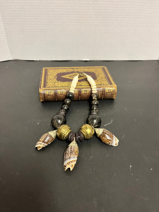 10 inch long bone wood brass shell and silver oceanic tribal necklace  stunning quality, and a great look  perfect gift