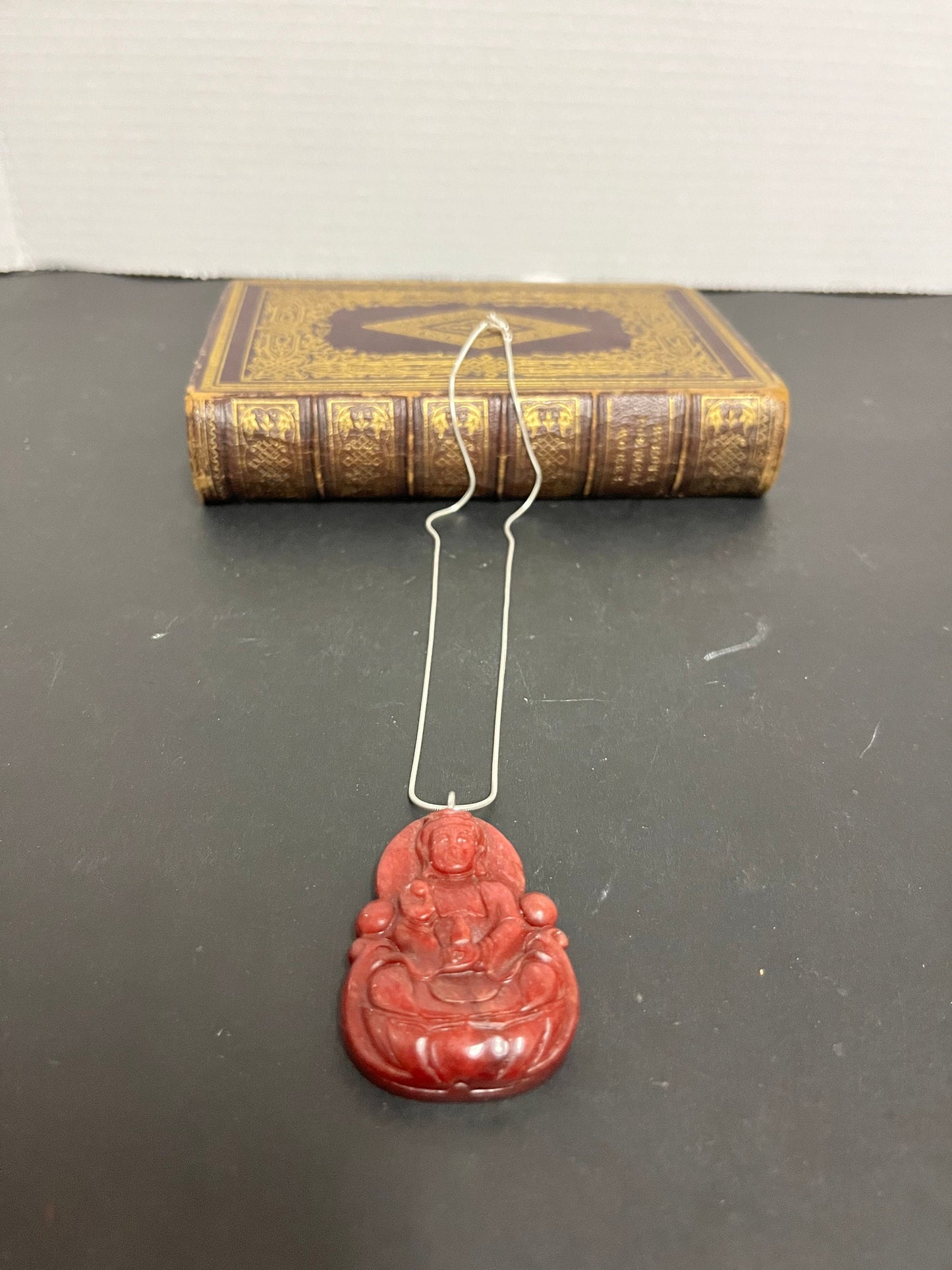 Fabulous red jade Buddha pendant with 925 silver necklace - necklace, 18 inches long and pendant 2 inches long