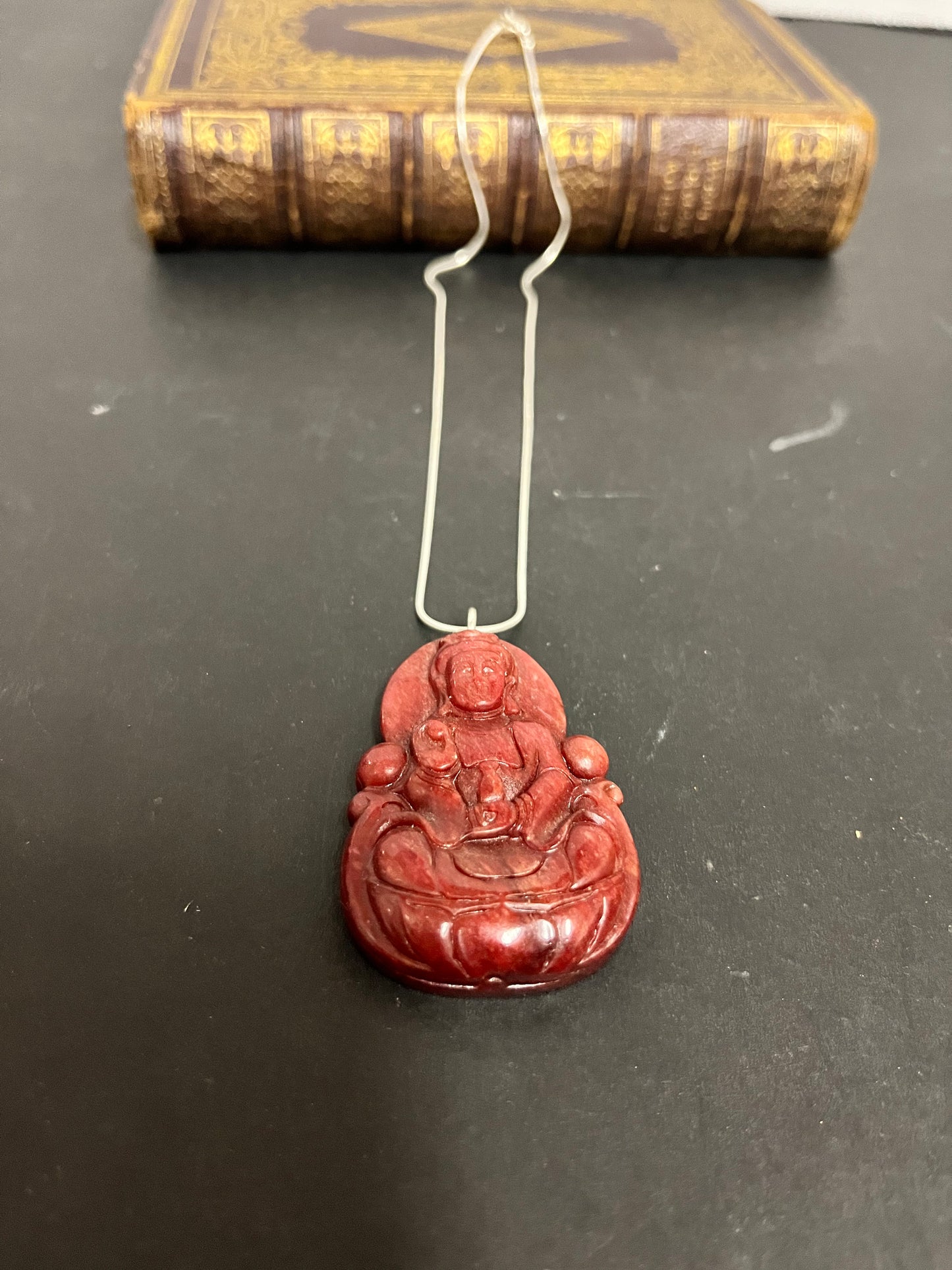 Fabulous red jade Buddha pendant with 925 silver necklace - necklace, 18 inches long and pendant 2 inches long