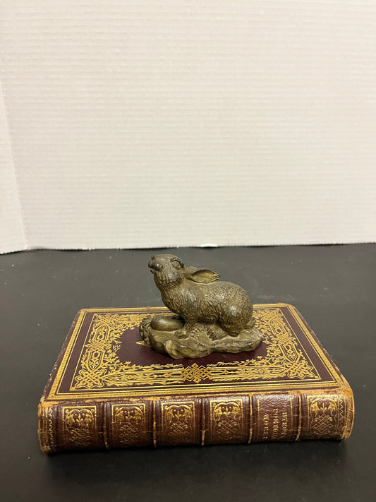 3 inch Chinese bronze rabbit with carrot  great patina and look  nice quality - super gift