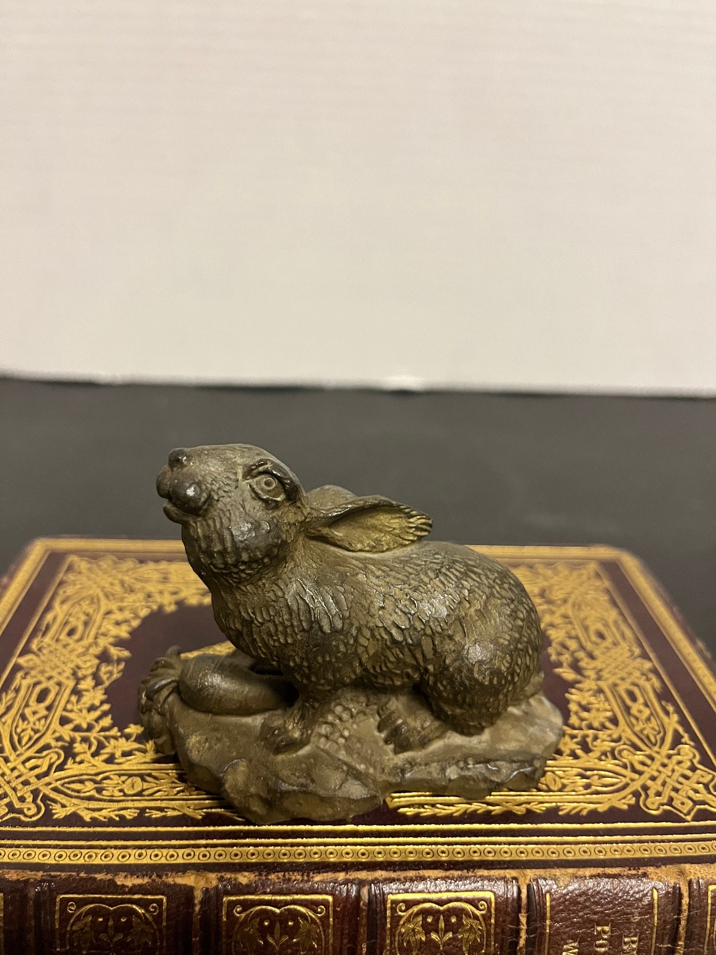 3 inch Chinese bronze rabbit with carrot  great patina and look  nice quality - super gift