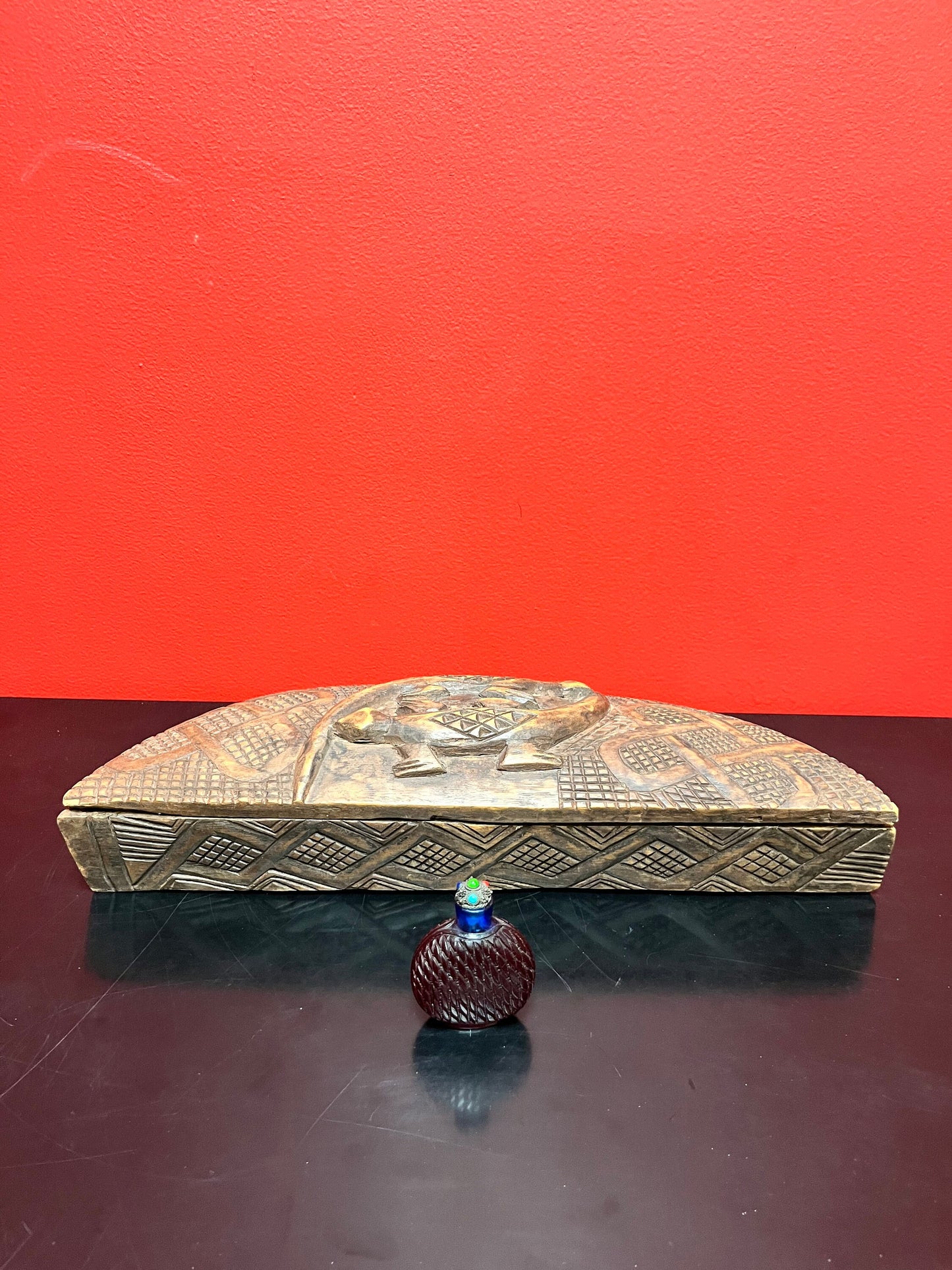 An A  Unusual 16 x 6 x 2 deep Indonesian carved antique box with so much character   wow  great detail  wow