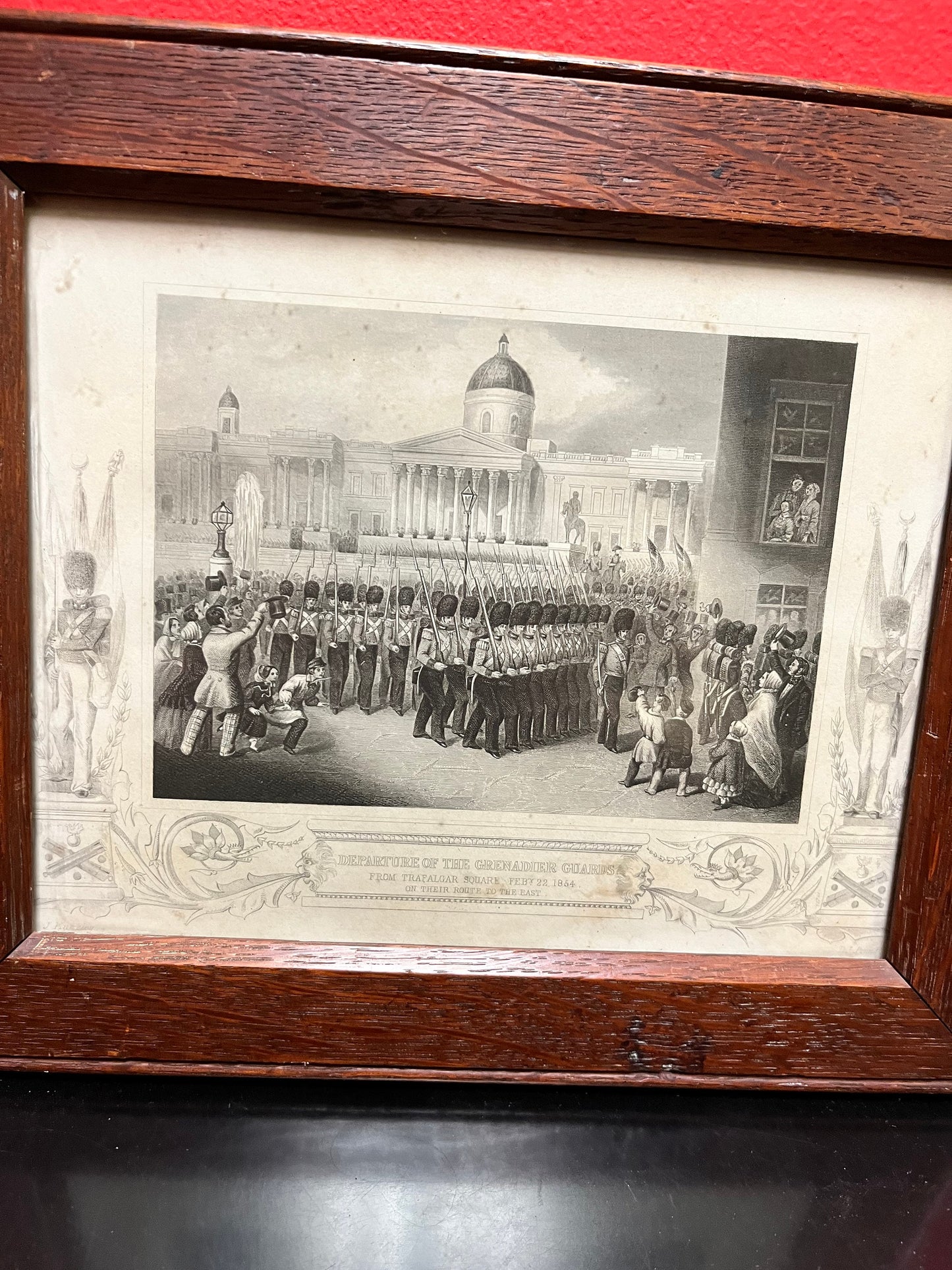 A  Antique amazing 11 x 9 1/2 1864 Grenadier Guard print in oak frame  British military treasure - ready to hang - wow