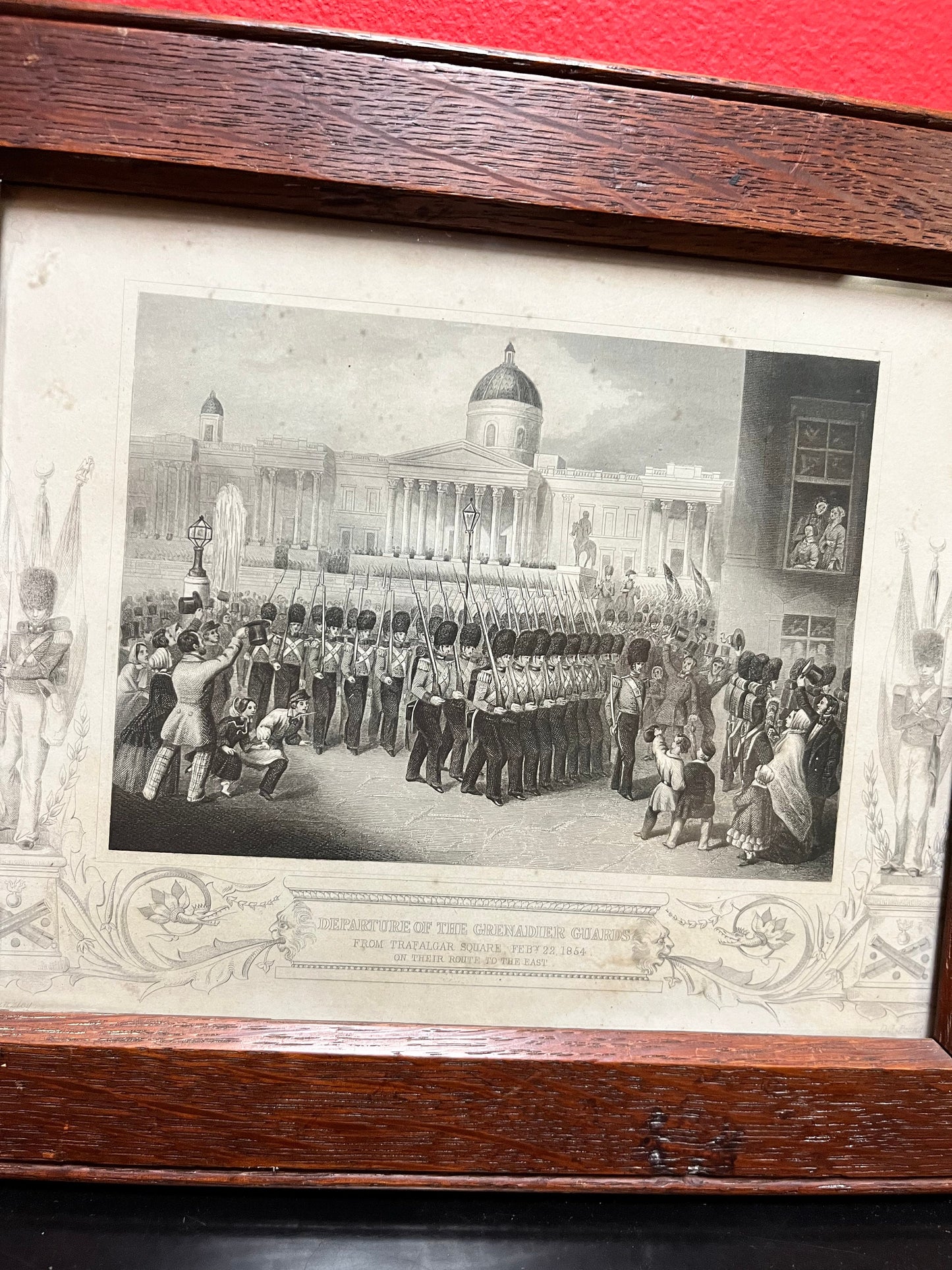 A  Antique amazing 11 x 9 1/2 1864 Grenadier Guard print in oak frame  British military treasure - ready to hang - wow