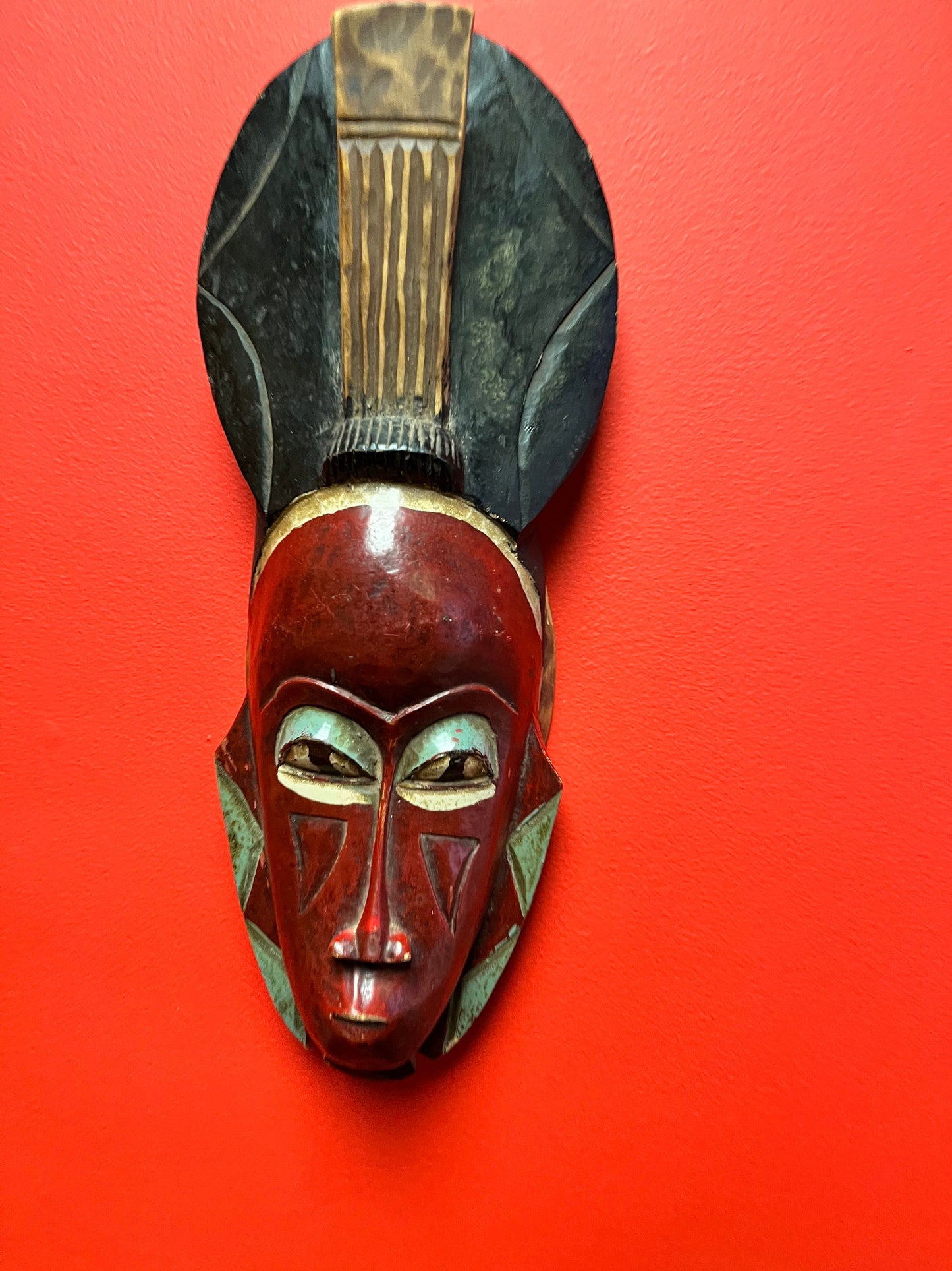 Fabulous antique African polychrome painted ceremonial mask  wonderful Patina  16 inches tall - wow