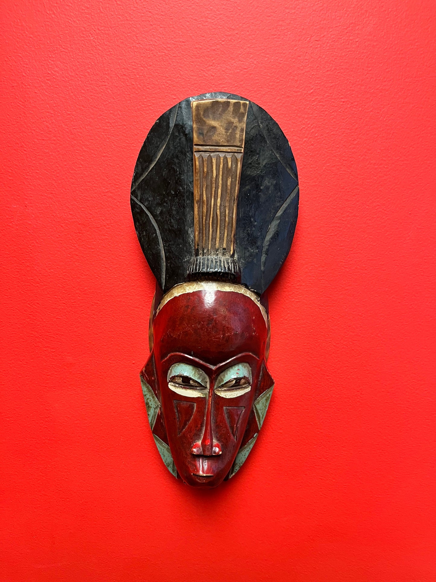 Fabulous antique African polychrome painted ceremonial mask  wonderful Patina  16 inches tall - wow