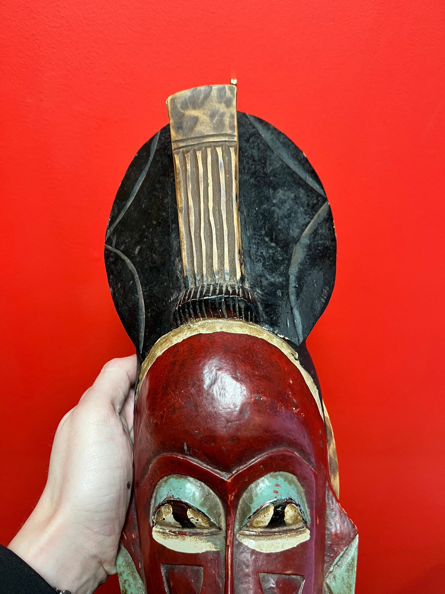 Fabulous antique African polychrome painted ceremonial mask  wonderful Patina  16 inches tall - wow