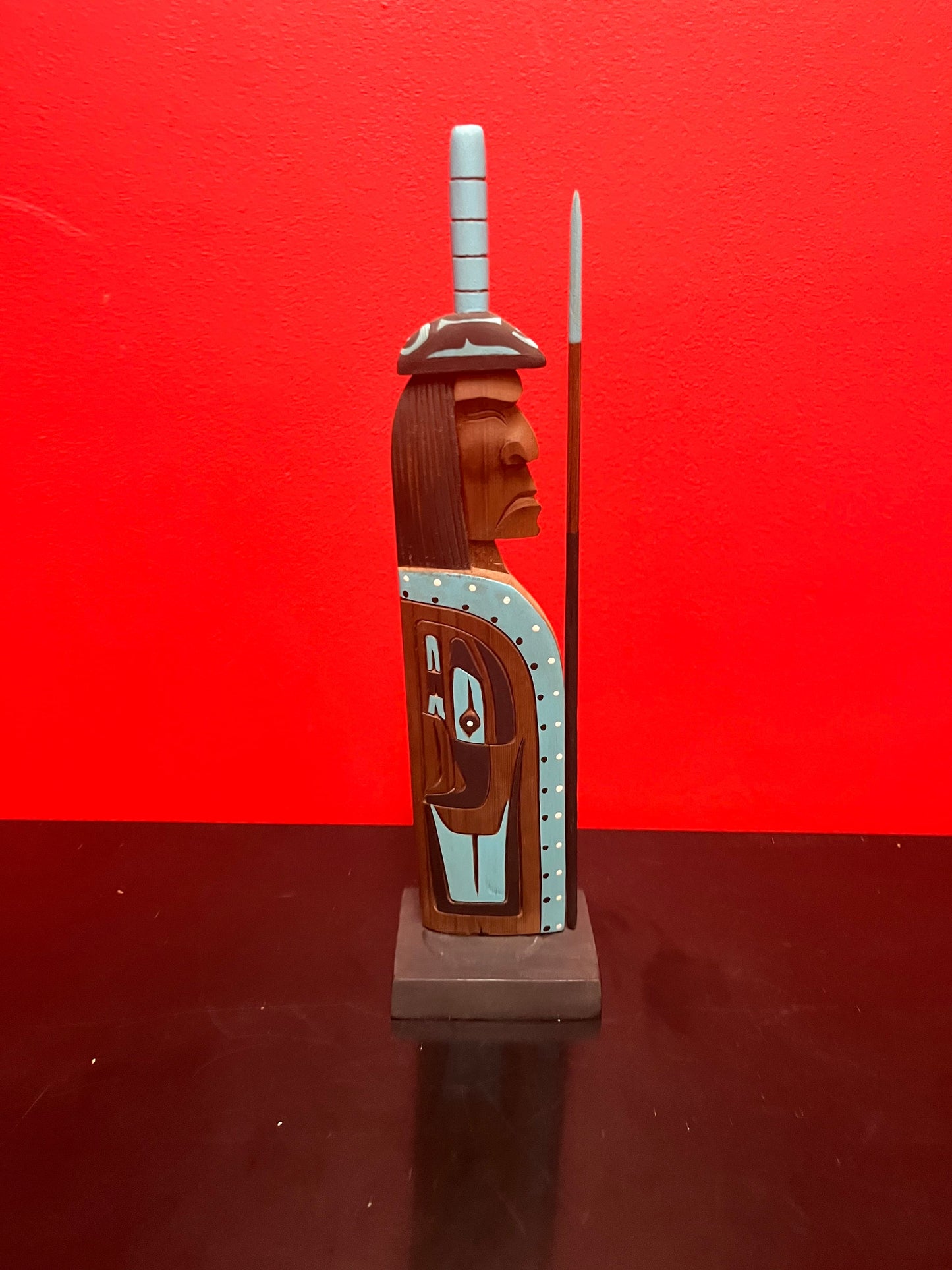 Masterful and beautiful, indigenous first Nations pacific northwest coast signed painted cedar statue of a chief - wow - 15 inches tall